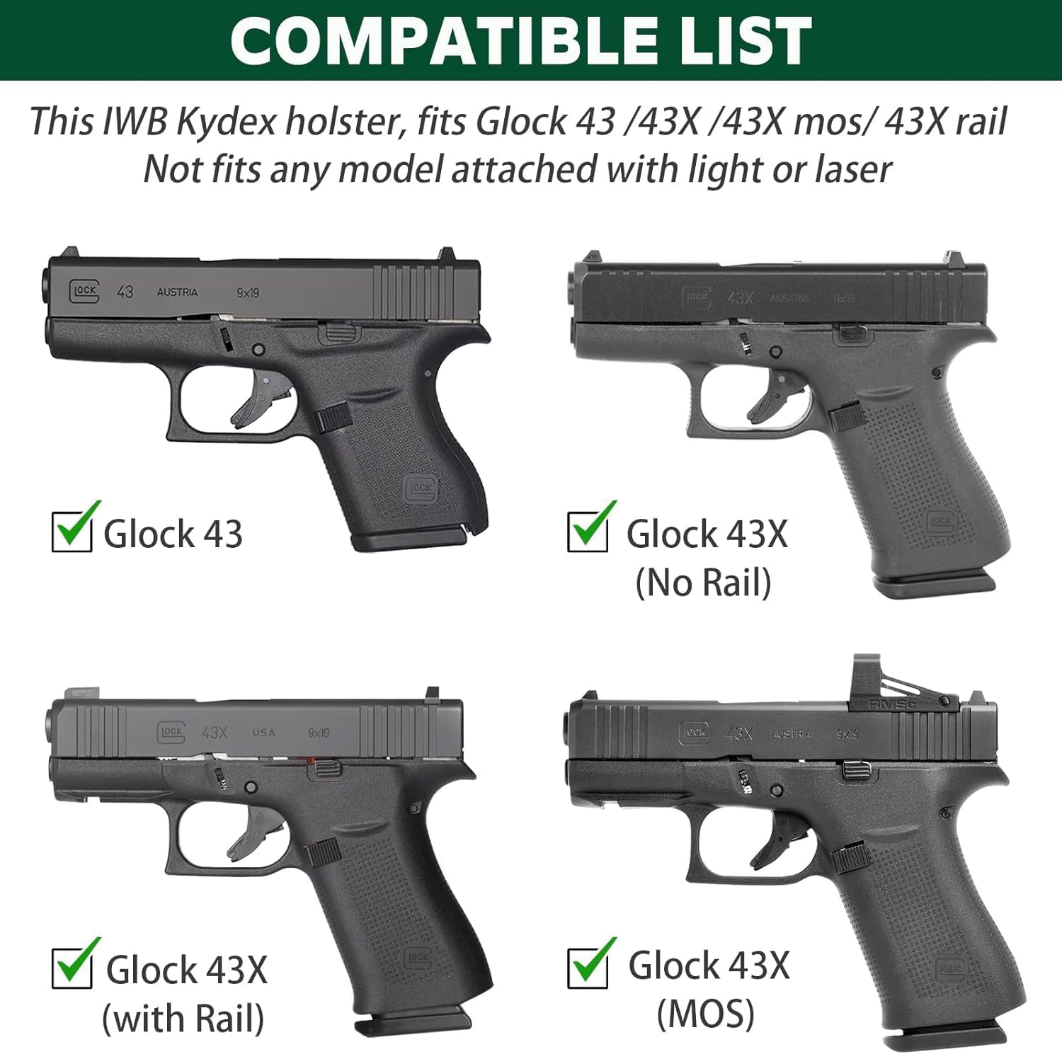 WARRIORLAND IWB Kydex Holster for Glock 43X / G43X MOS / G43 – Inside Waistband Appendix Carry | w/Claw & Optic Cut, Adj. Retention & Cant | Right/Left Hand & Light-Bearing (TLR-7 X Sub) Available