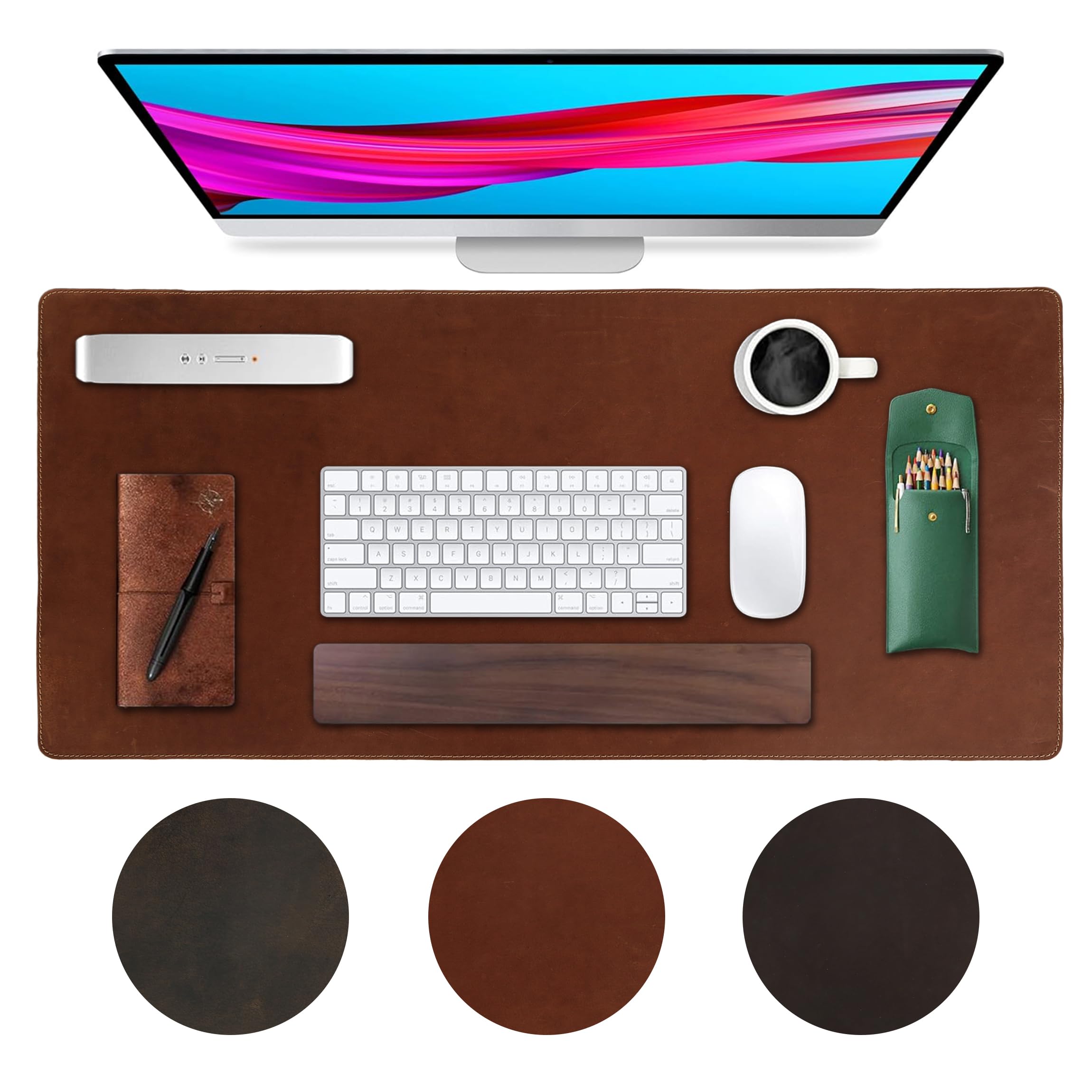 Genuine Leather Desk Pad Protector, Extended Mouse Pad Organizer, Large 28 x 13 inch Office Desk Mat, Non-Slip Leather Desk Blotter, Laptop Desk Pad, Writing Pad for Office and Home (Rustic Brown)
