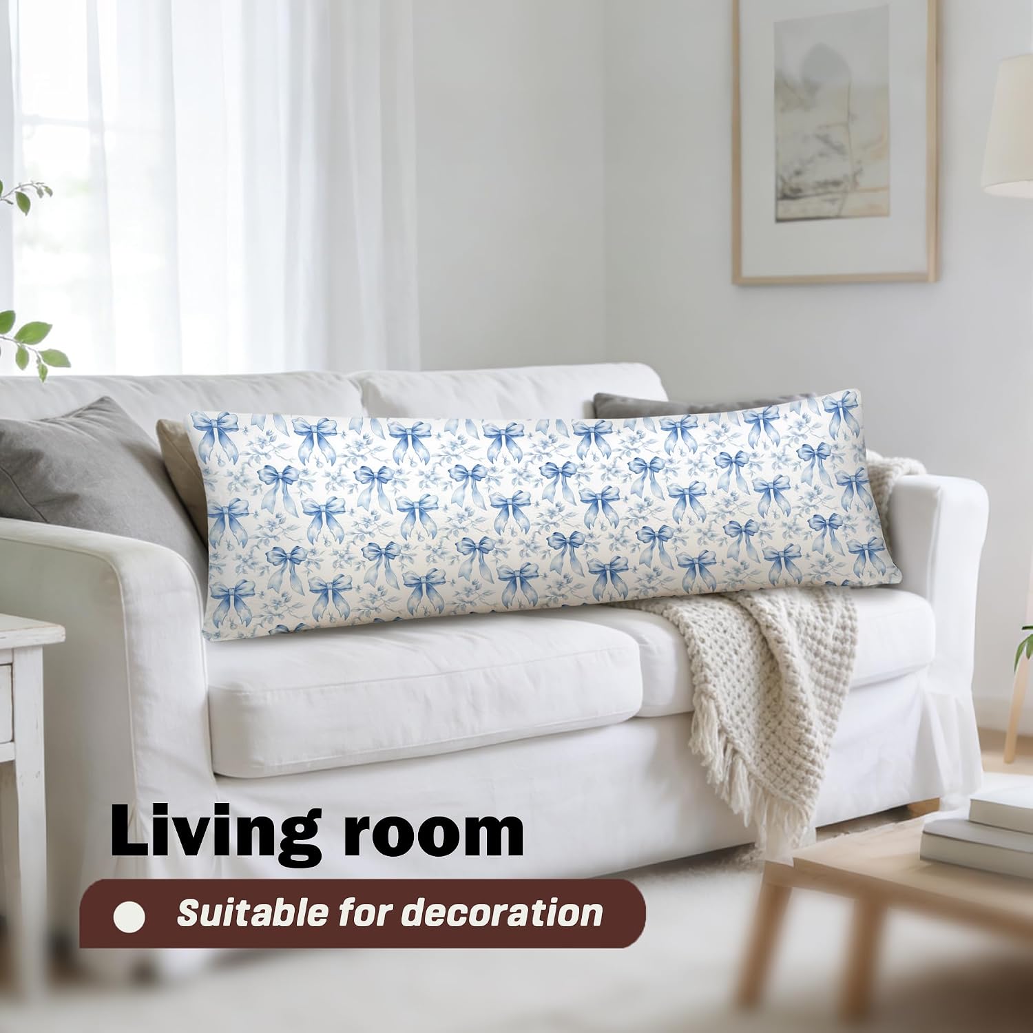 Coquette Blue Bow Floral 20x54 Body Pillow Cover, Grandmillennial Home Decor, Blue and White Chinoiserie Flower Decorative Long Body Pillow Case with Zipper for Bed Couch