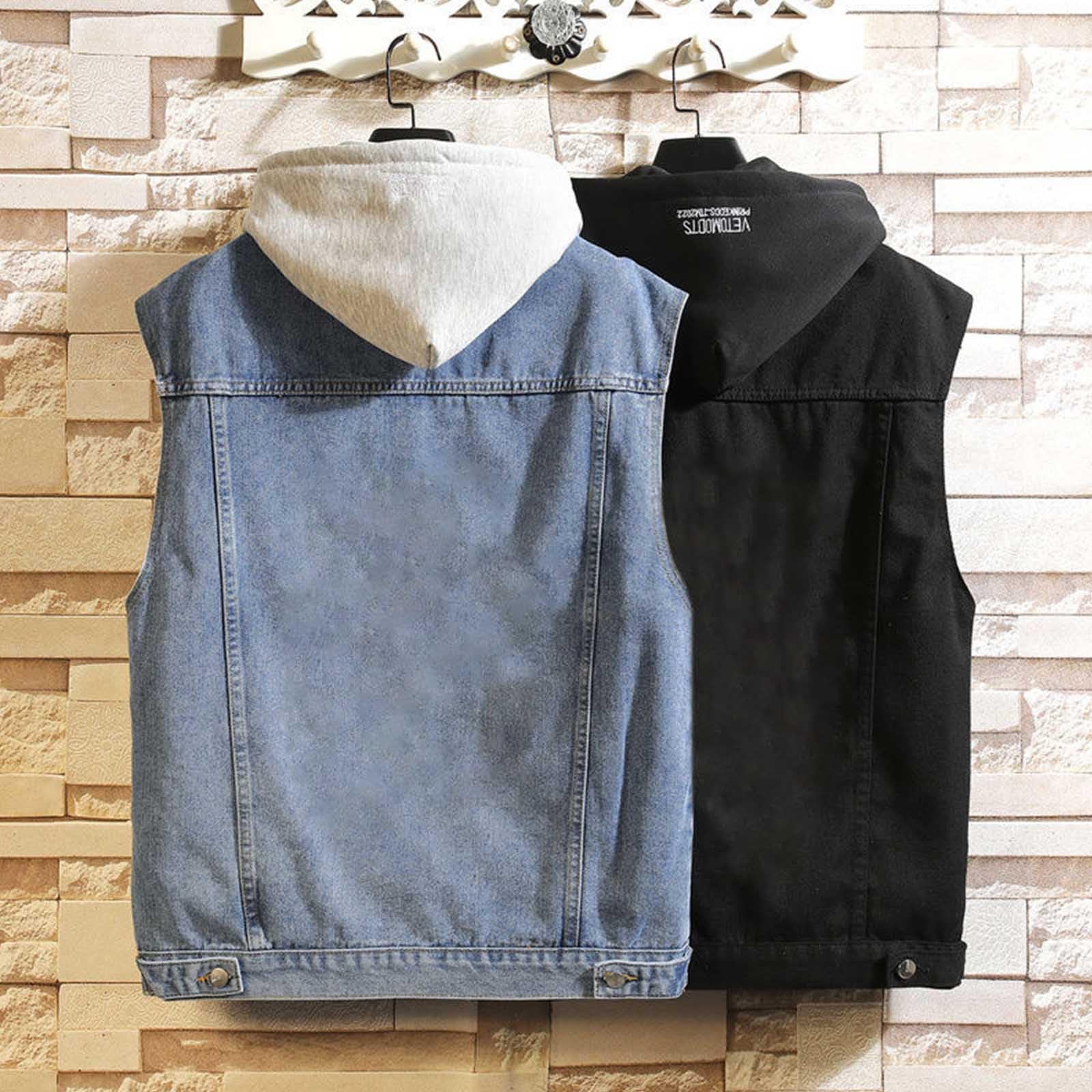 Chaleco vaquero con capucha para hombre, sin mangas, con solapa de botones, con varios bolsillos, cómodo y suave, chaleco vaquero, monocolor, para el tiempo libre