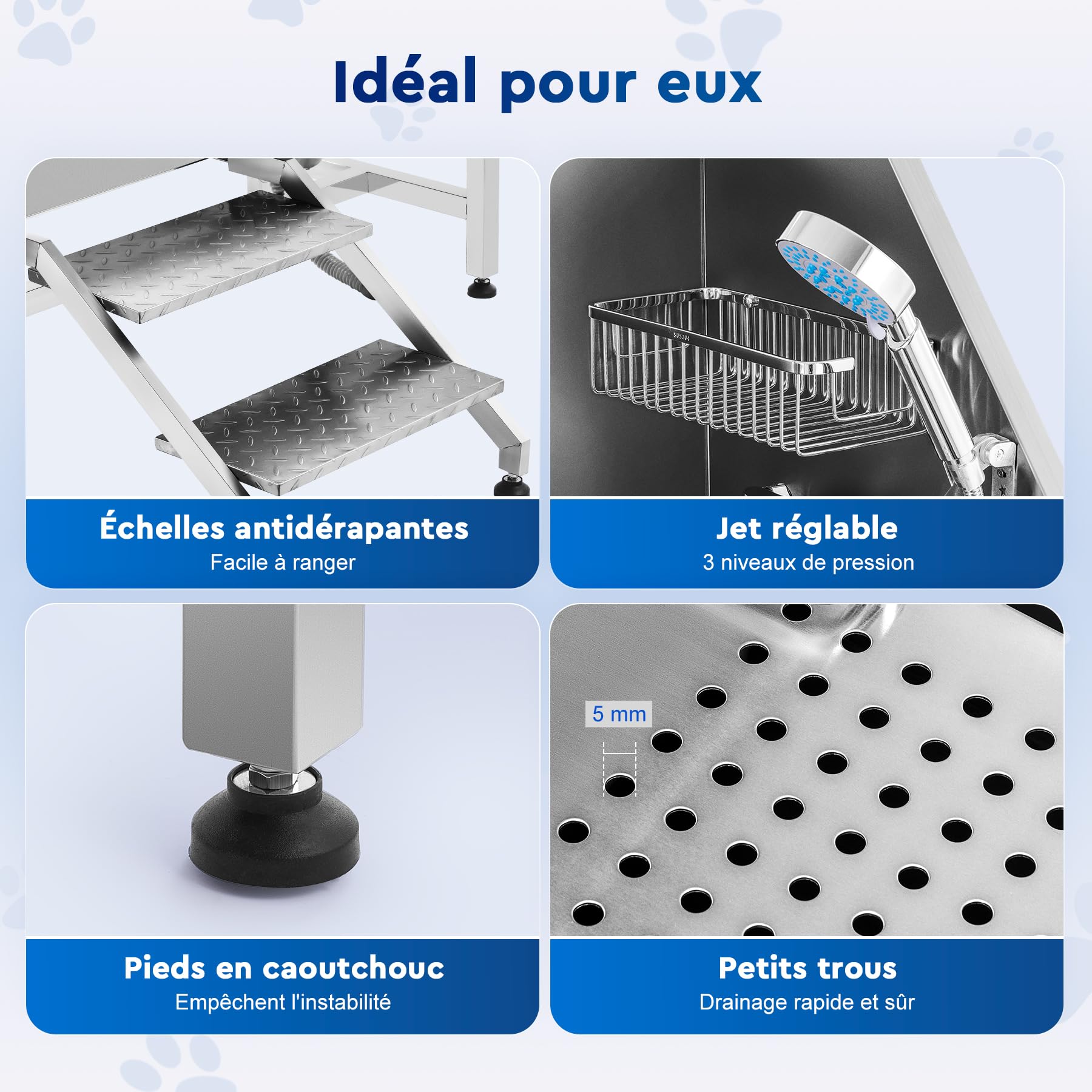 Baignoire de Toilettage pour Chien 127CM Capacité 115KG en Acier Inoxydable 304 Station de Bains pour Grands Chiens avec Escaliers et Pomme de Douche, pour Maison Hôpital Animalerie