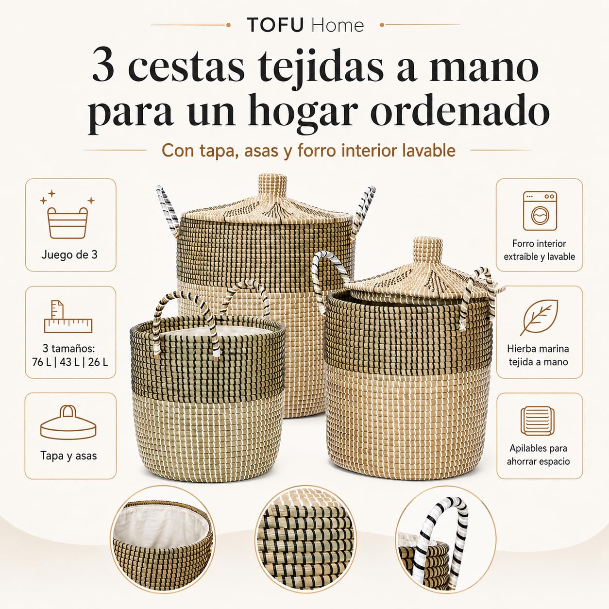 Pack 3 Cestas para Ropa Sucia y Almacenamiento, Cesta Tejida de Hierba Marina Artesanal Vietnam (76L/43L/26L) con Asas, Tapa y Forro Desmontable Lavable, Multiusos Salón Dormitorio Cocina Baño