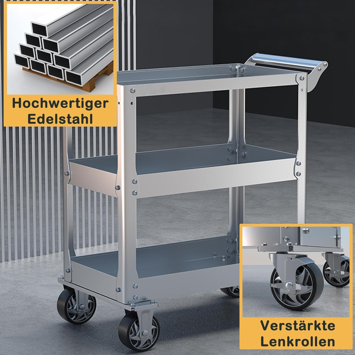 Wytrzymały wózek ze stali nierdzewnej, 3-poziomowy wózek serwisowy o udźwigu 500 kg, wózek narzędziowy na kółkach z 4 kółkami i ergonomicznym uchwytem, do kuchni, garażu, warsztatu