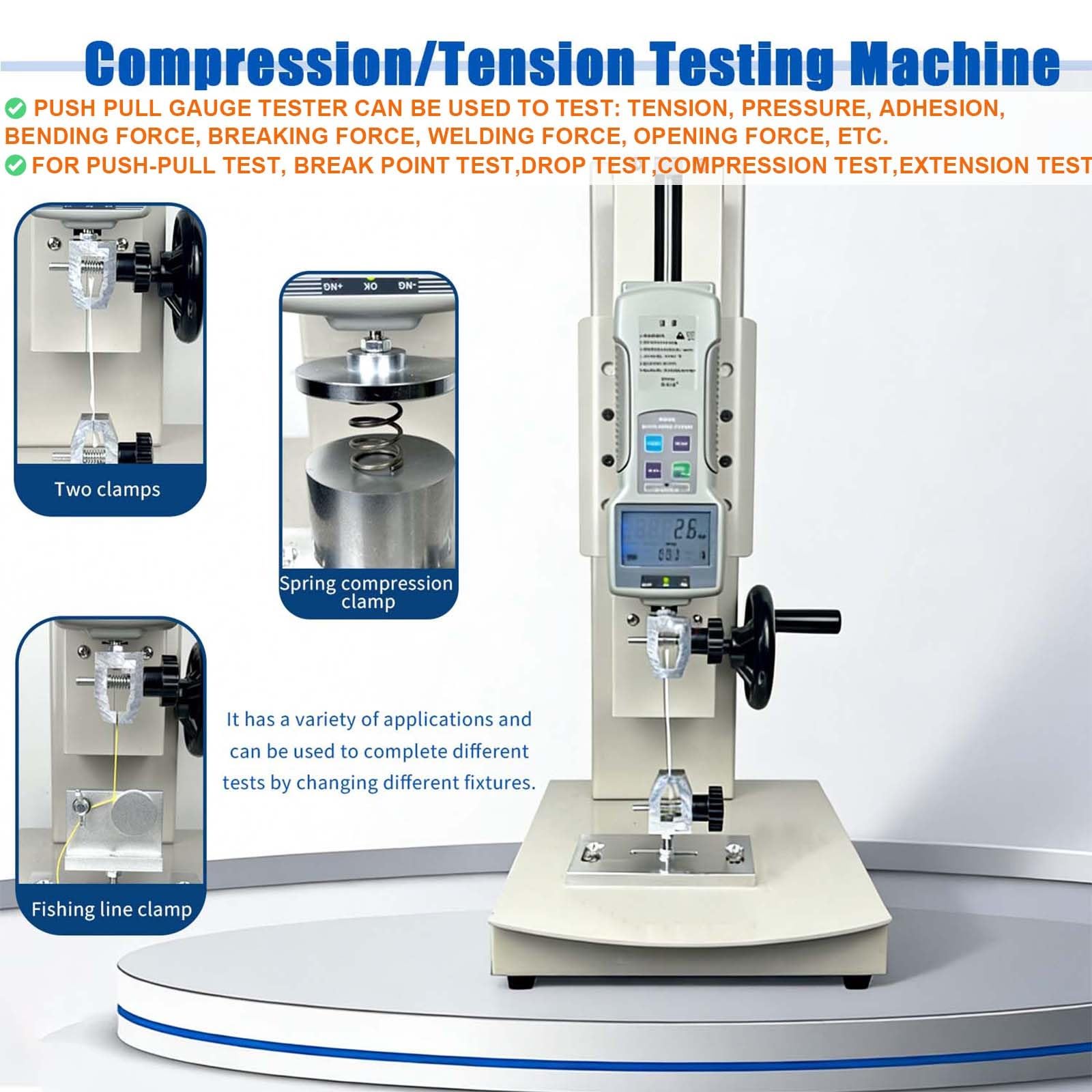 Digitale Zugprüfmaschine, Push-Pull-Messgerät mit übersichtlichem Display | Von 10–2000 N Kapazität, 270 mm Hub, Handradbedienung for Druck- und Zugtests, USB-Datenexport