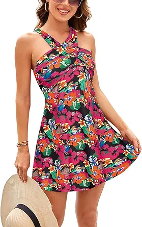 Kate Kasin Women's Two Piece Swimsuits Tummy Control High Neck Criss Cross Swim Dress Bathing Suits with Boyshorts Swimwear