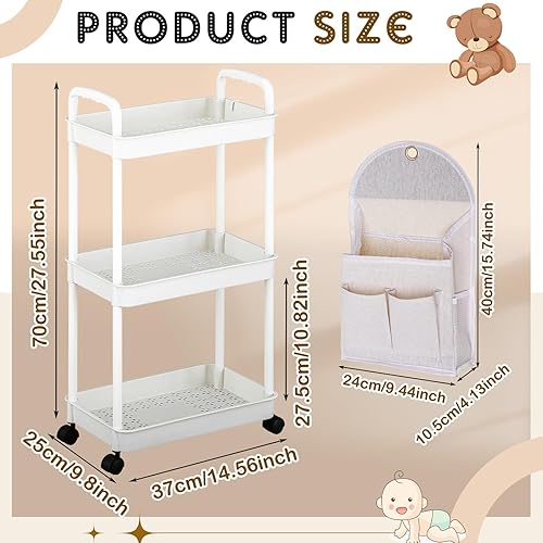 Miniatura 2 de Carrito de pañales para bebé con ruedas y asa, carrito con ruedas y asa organizador de pañales con apilador de pañales colgante para guardería,