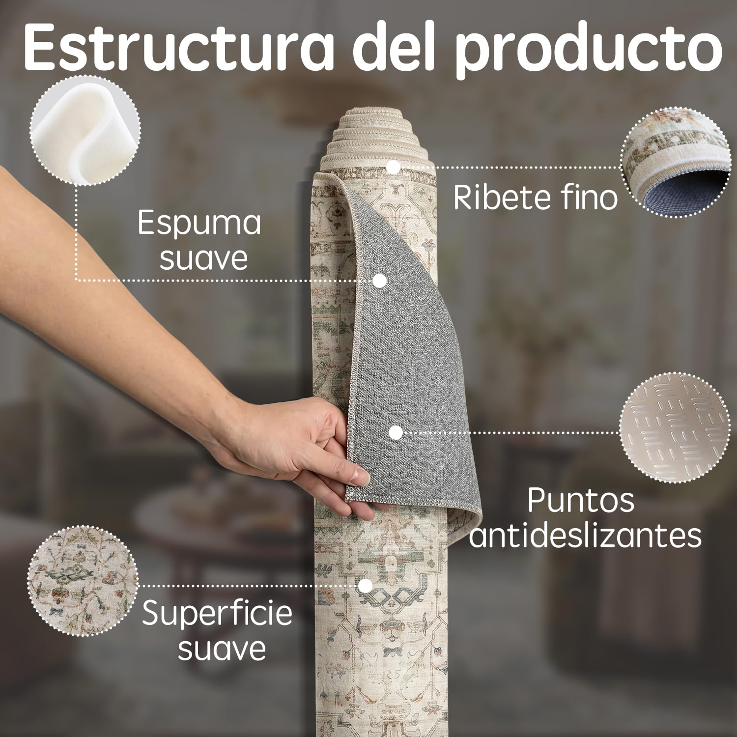 Alfombra Salon Vintage Verde Claro ⌀120 cm, Lavable a Máquina | Alfombras de Área con Base Antideslizante, Ideal para Cocina, Comedor y Estudio