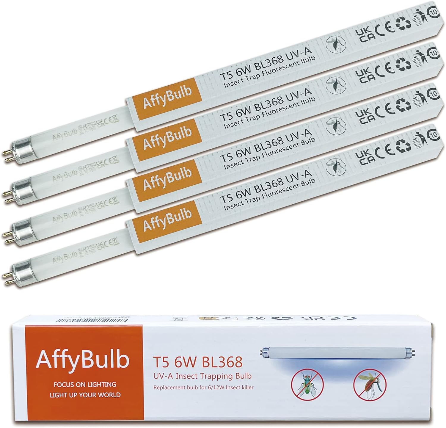 AffyBulb 4*6W Lámparas de reemplazo para lampara antimosquitos / mata mosquitos electrico - 9in T5 BL368 tubos UV