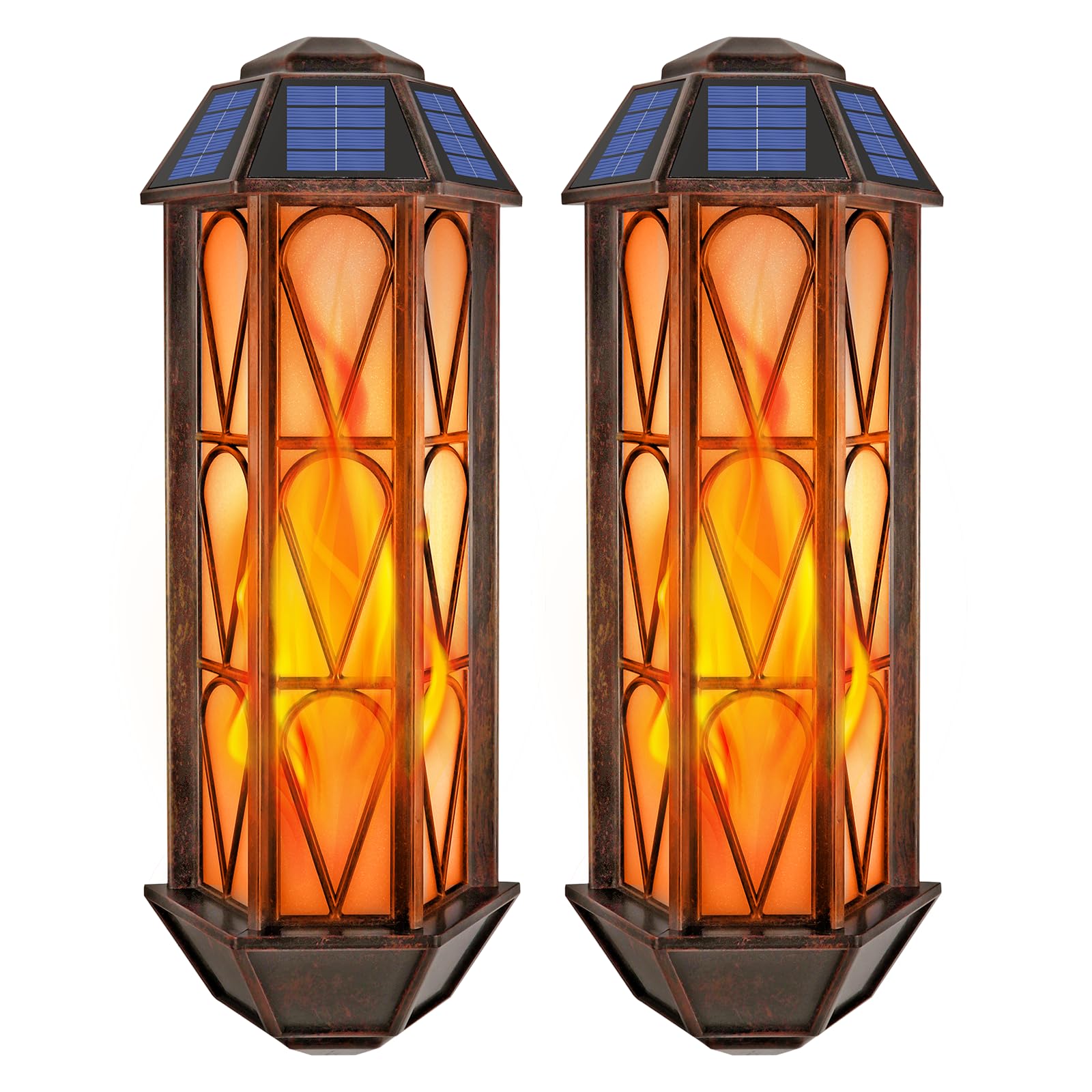 Apliques solares de llama para exteriores, 74 luces LED parpadeantes, apliques con encendido automático, impermeables, luces de pared para decoración de puerta de garaje, jardín, porche, patio, 2