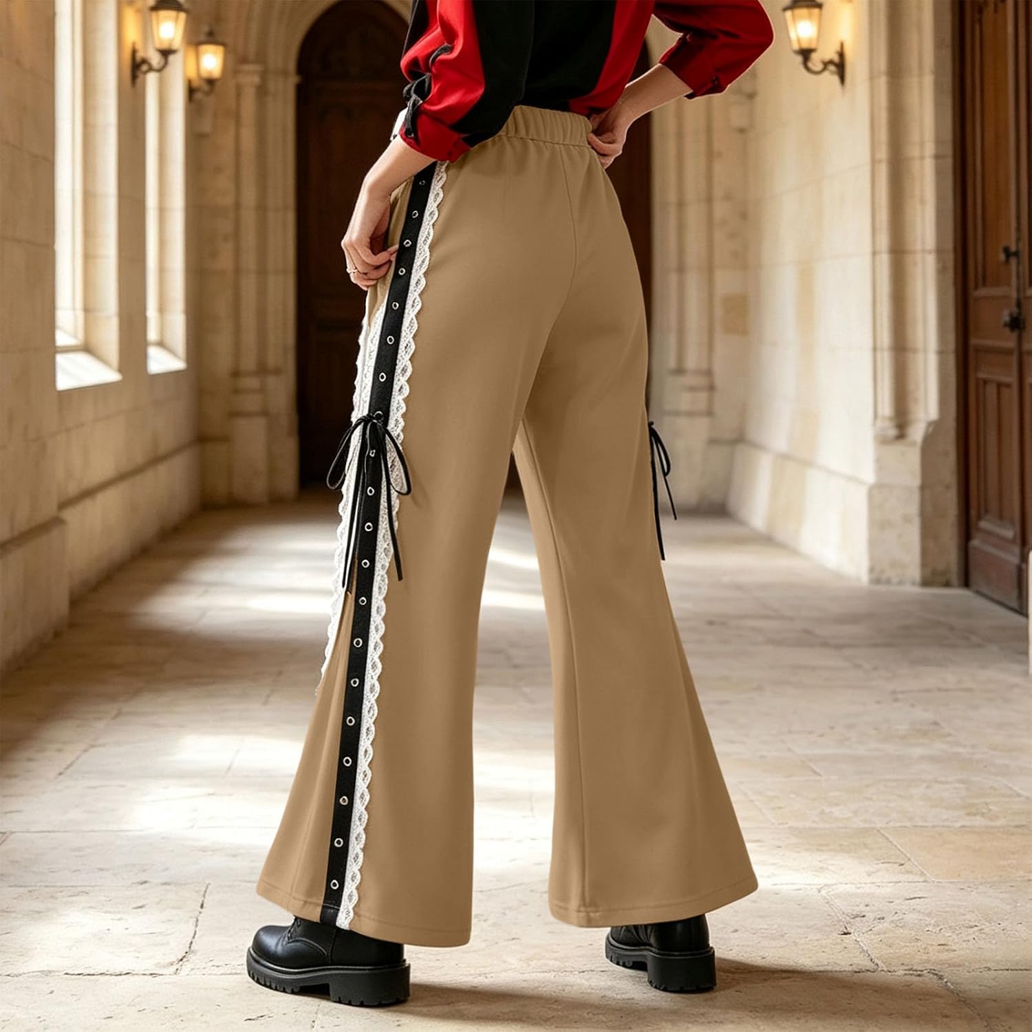 Women High Waist Gothic Flare Pants Lace‑Up Bell Party Bottom Pants