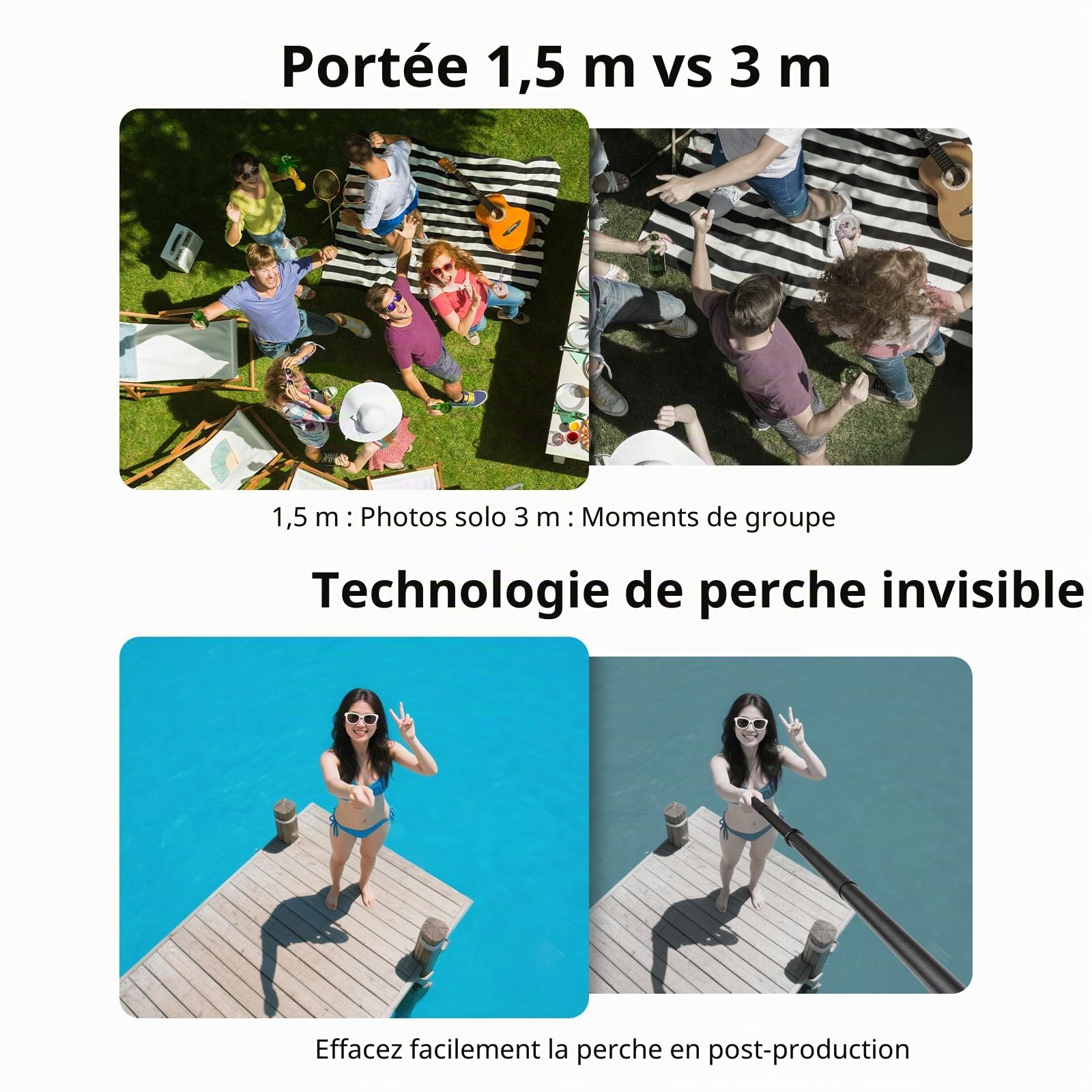 BRDRC Perche à selfie 3 m en fibre de carbone pour Insta360 ONE X5 X4 X3 X2 RS et DJI OSMO 360 (avec adaptateur Go Pro, sac de rangement)
