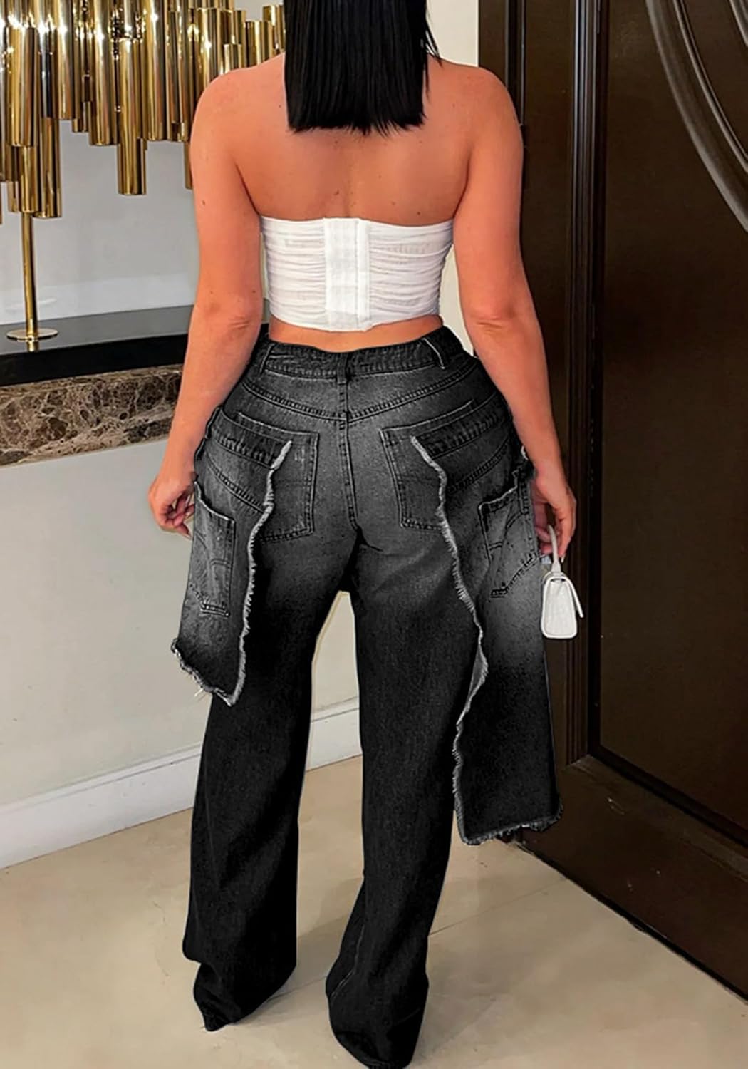 Women's High Waisted Ripped Jeans Wide Leg Patchwork Distressed Baggy Boyfriend Cargo Denim Pants with Pockets