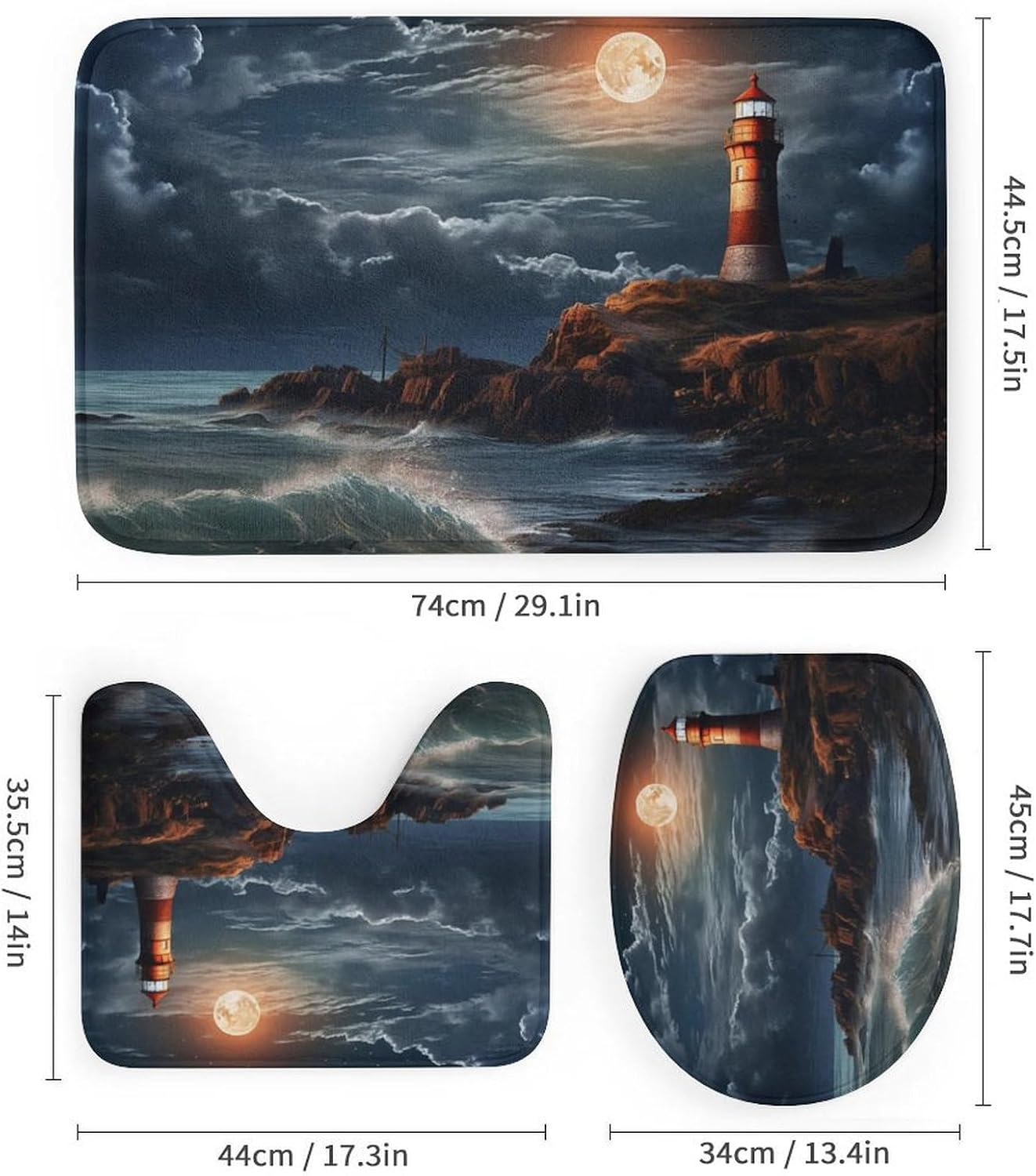 4-Piece Lighthouse Shower Curtain Set with Bathtub Mat & Toilet Mat, Nautical Theme Shower Curtain, Toilet Cover & 12 Hooks, Coastal Ocean Waves Bathroom Decor
