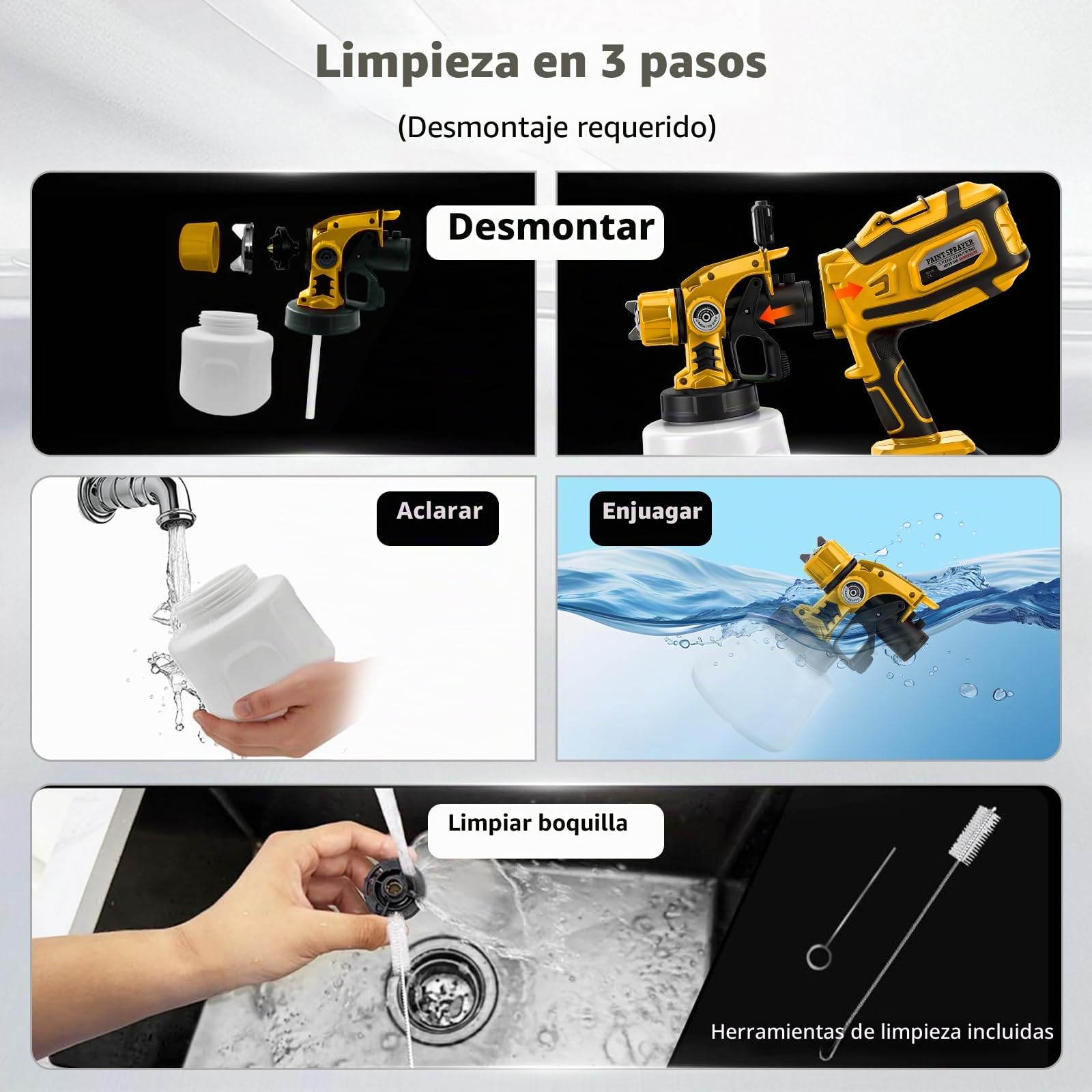 Pulverizador de Pintura Inalámbrico con LED para Dewalt 20V (sin batería) | 200W, Sistema de Pintura Eléctrico, Depósito 1,4L, 3 Patrones, 5 Boquillas, Cepillo, Guantes, Gafas