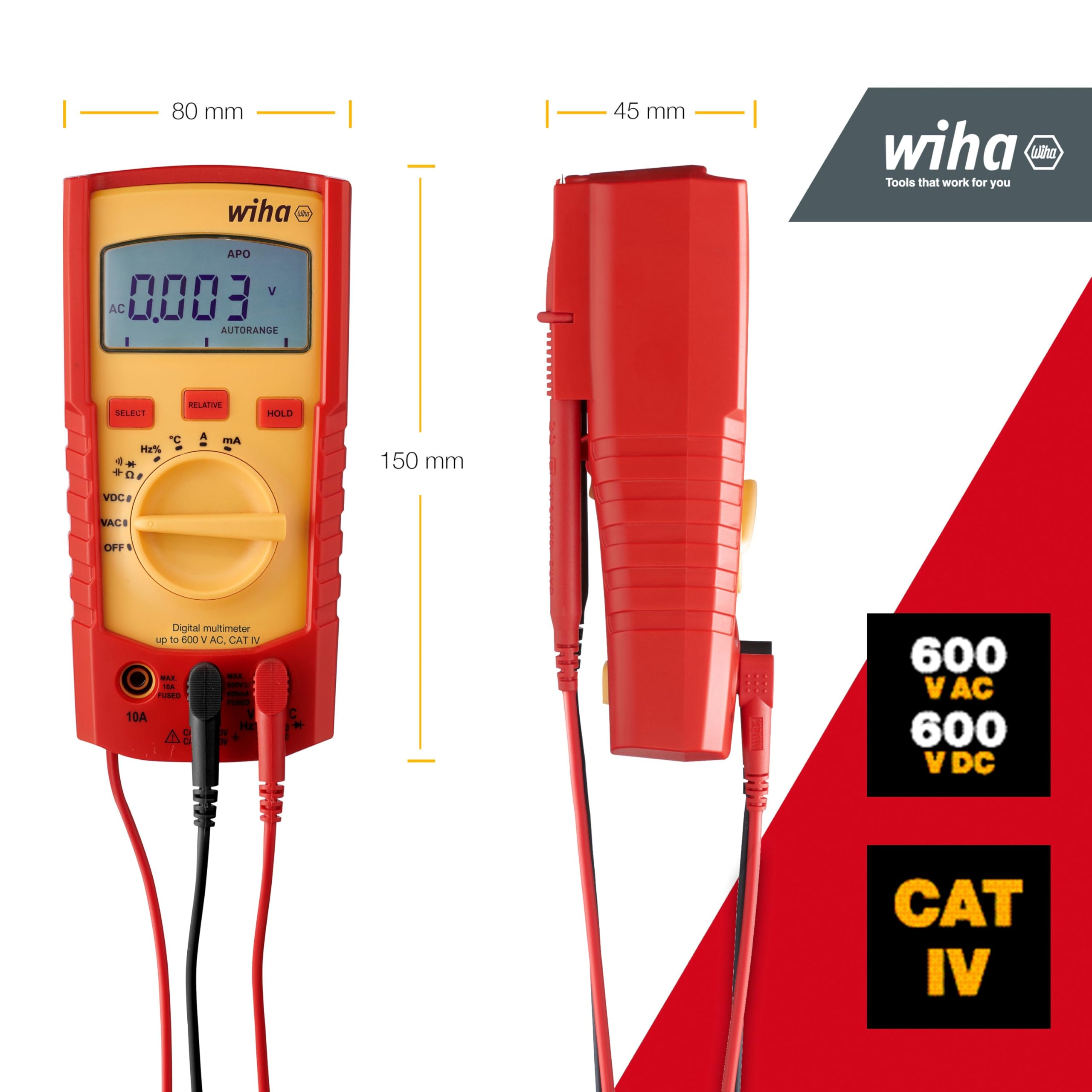 WIHA WERKZEUGE GMBH Multímetro digital hasta 600 V AC, CAT IV incl. 2x AAA batteries - SB 255-41 digital multimeter 600V AC