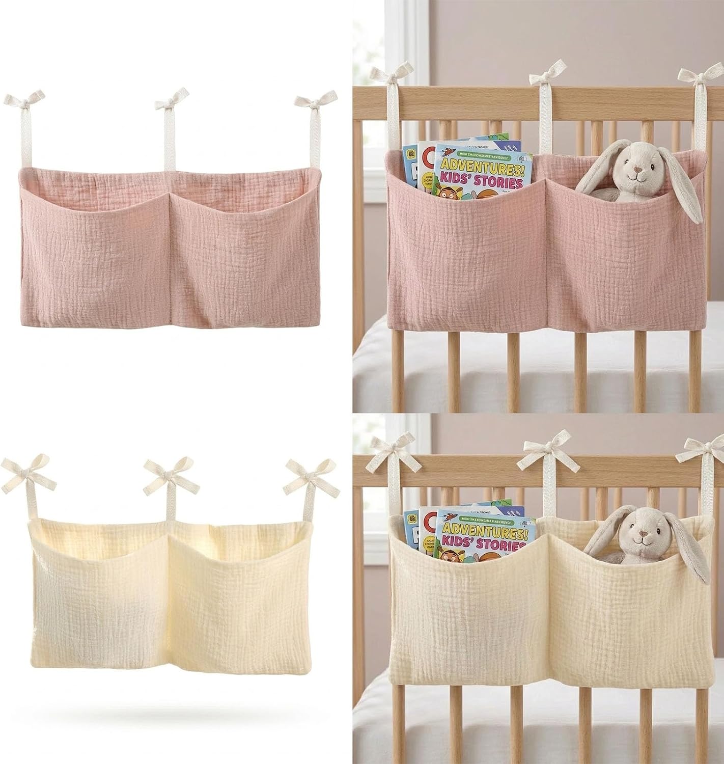 2pc Crib Organizer Hanging Storage Bag, Soft Muslin Bedside Nursery Caddy with 2 Pockets Boho Toy Book & Diaper Pouch for Newborn Essentials