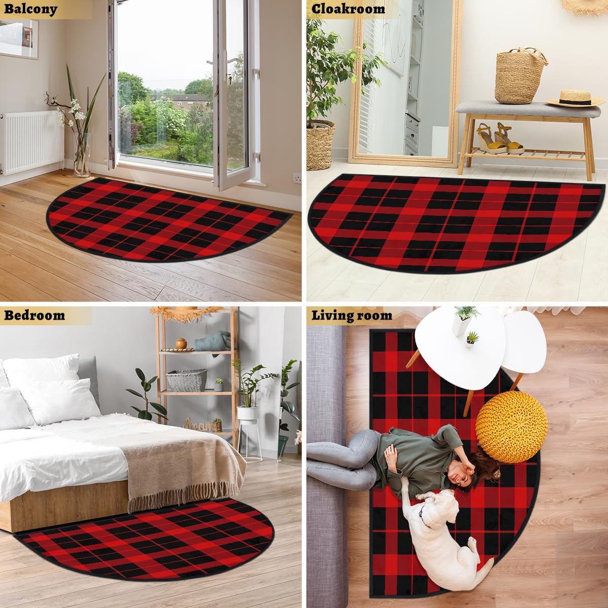 Mexpekil Paillasson demi-lune à carreaux rouge et noir, pour intérieur et extérieur, antidérapant, lavable, absorbant, anti-saleté, 100 x 160 cm