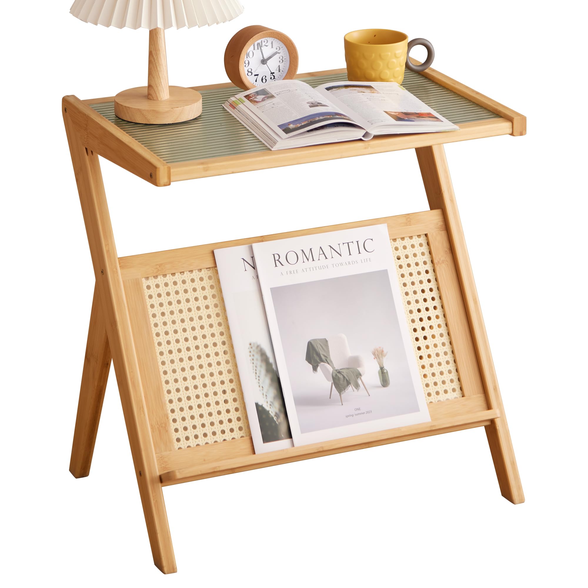 Nightstand Side Table, Bamboo Accent Bedside Tables, Glass Coffee Tables, Boho Wooden End Table with Storage for Small Space, Living Room and Bedroom,Natural