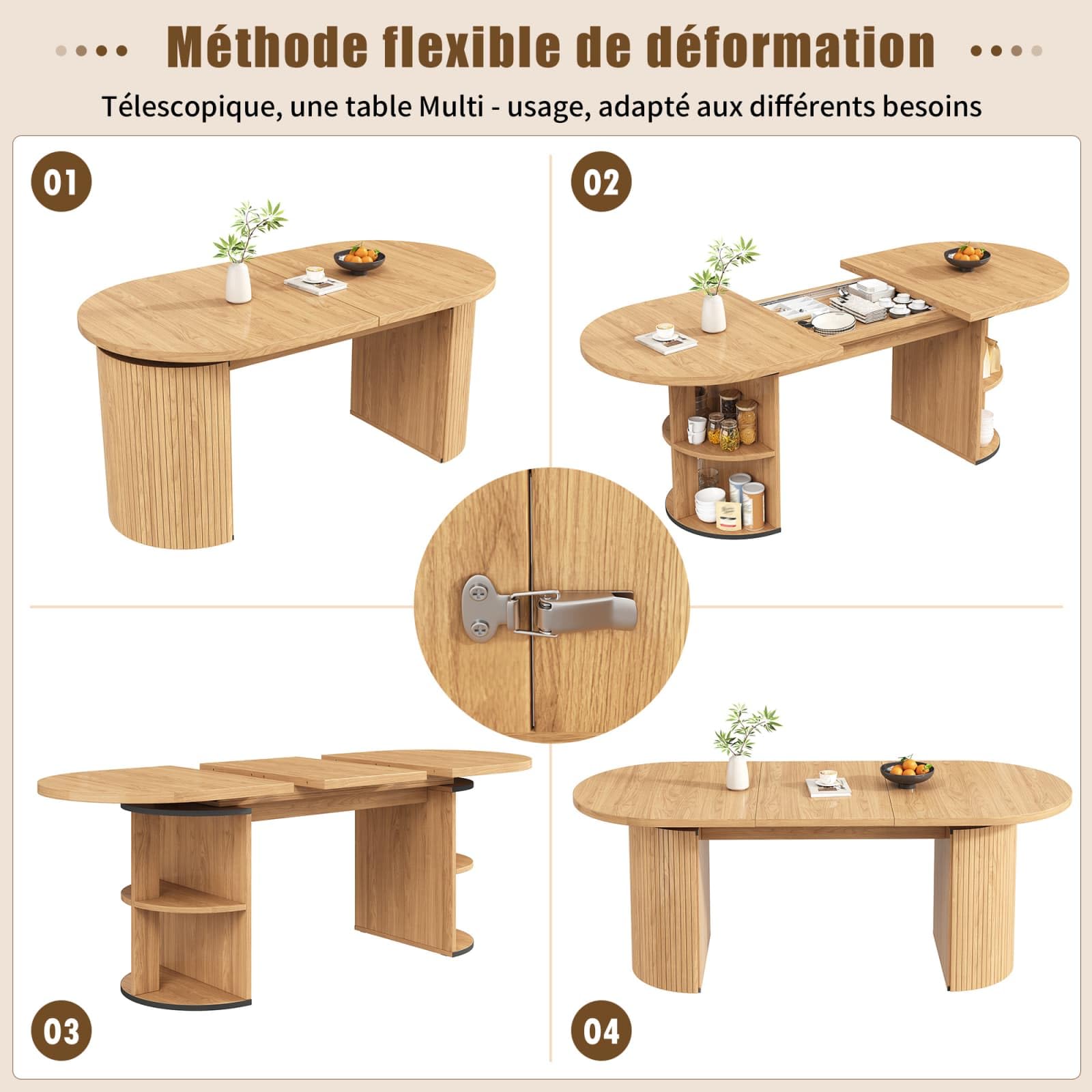 Sweiko Table à Manger Extensible avec Rangement Caché, Bureau Convertible avec Épais, Dining Table avec Pieds Rainurés, Meuble Gain de Place pour Salon, Cuisine
