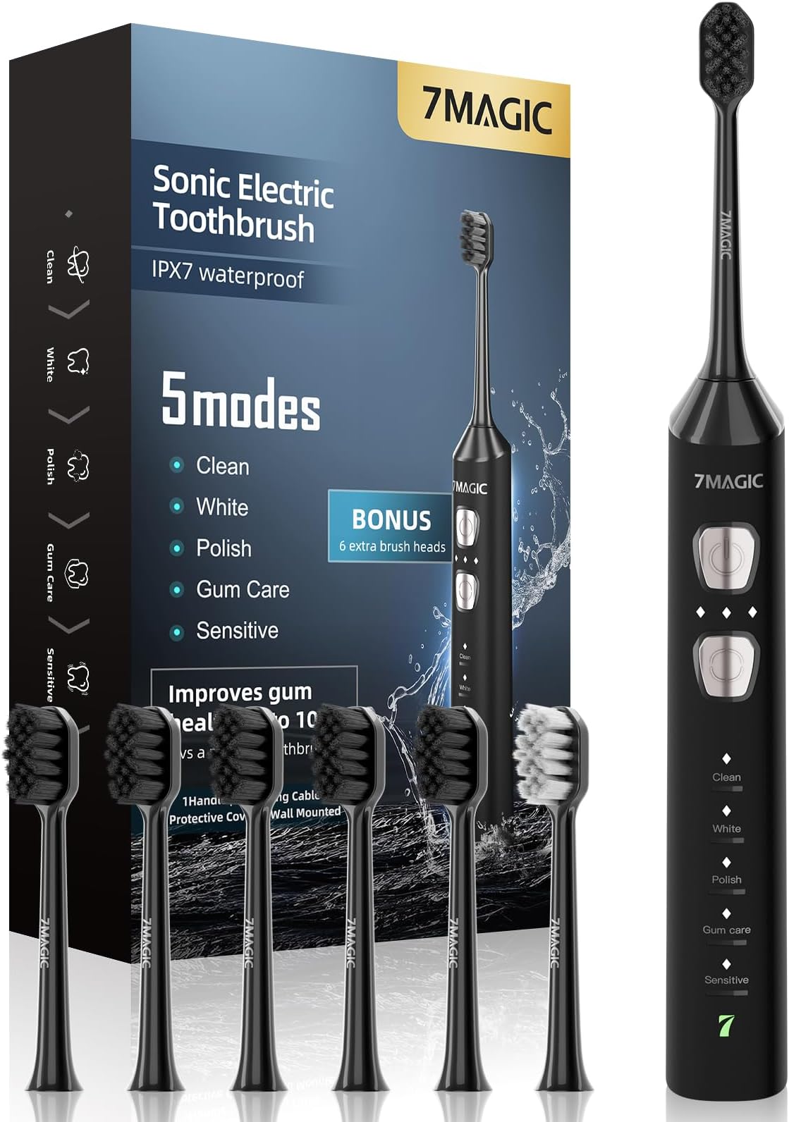 Electric Toothbrush, Sonic Toothbrush, Electric Toothbrush Adult with 3 Intensities 5 Modes, 40000 VPM & IPX7, Ultrasonic Toothbrush Electric with 180-Day Battery Life and Timer, Knight Black