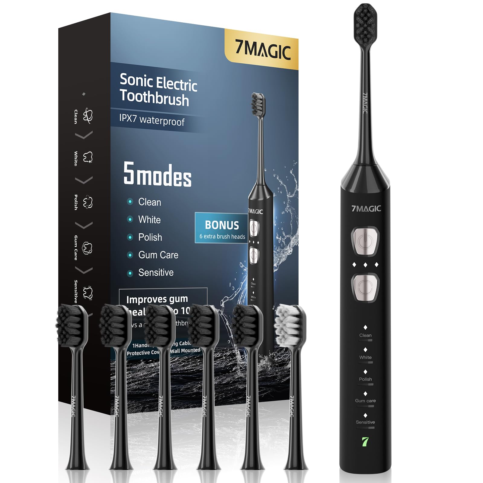Electric Toothbrush, Sonic Toothbrush, Electric Toothbrush Adult with 3 Intensities 5 Modes, 40000 VPM & IPX7, Ultrasonic Toothbrush Electric with 180-Day Battery Life and Timer, Knight Black