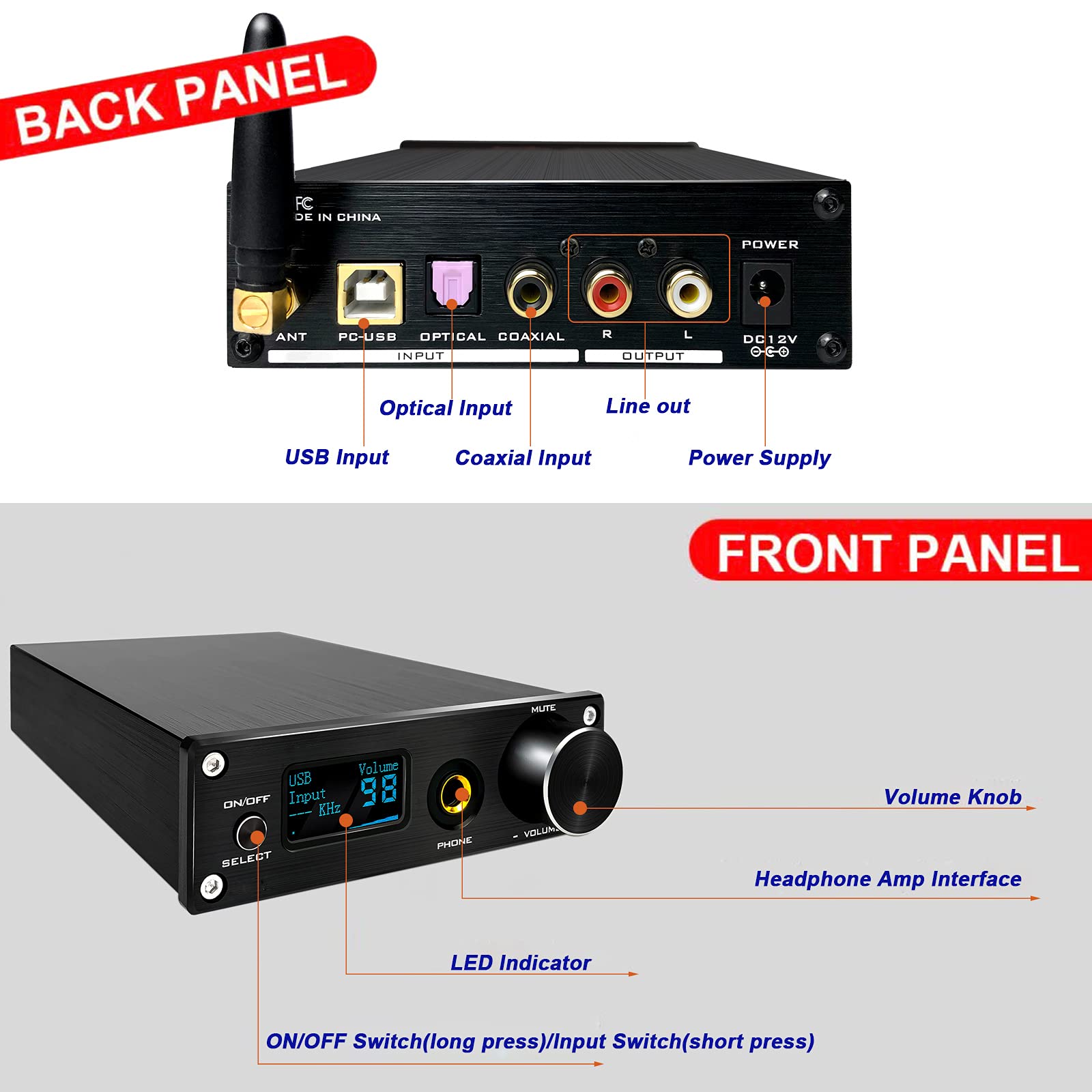 Décodeur Audio, convertisseur numérique-analogique BT 5.0 DAC TPA3116D2 Amplificateur de Puissance sonore 5.0 DAC Classe Audio stéréo HiFi avec Interface USB/Fibre/Coaxial/Cinch/6,