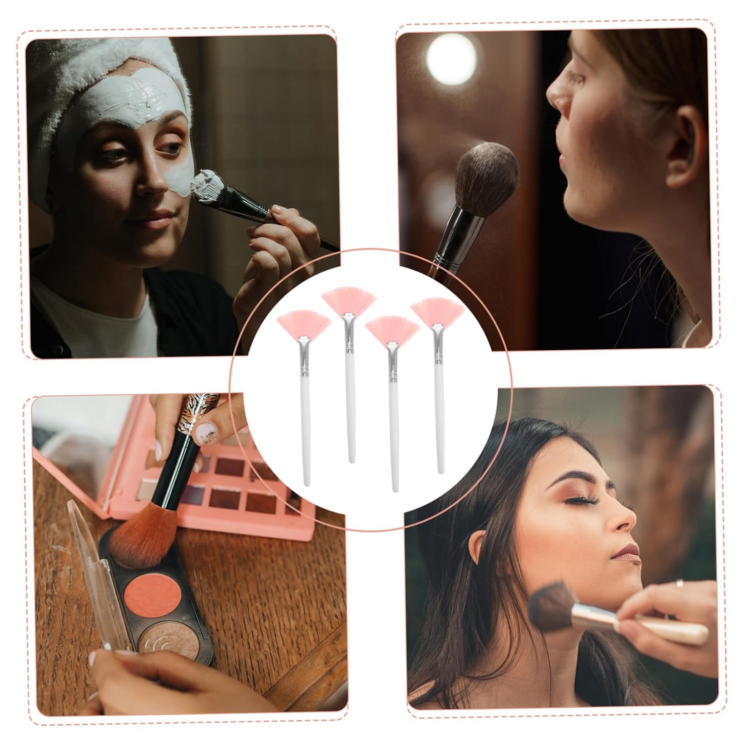 4pcs Fan Makeup Brushes Face Applicators for Powder Foundation Blush and Highlighter for Contouring and Blending Essential Makeup Tools for Women and Girls