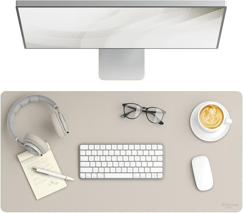 Vegan Leather Desk Pad Mat, Office Desk Mat, Medium, Sandstone Beige | Waterproof desk pad protector, writing mat and desk blotter. Non-slip suede grips under a keyboard, mouse and notepad.