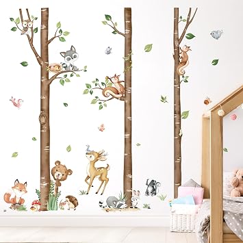 decalmile Birch Tree Forest Animals Bear Rabbit Wall Decals Stickers (XL)