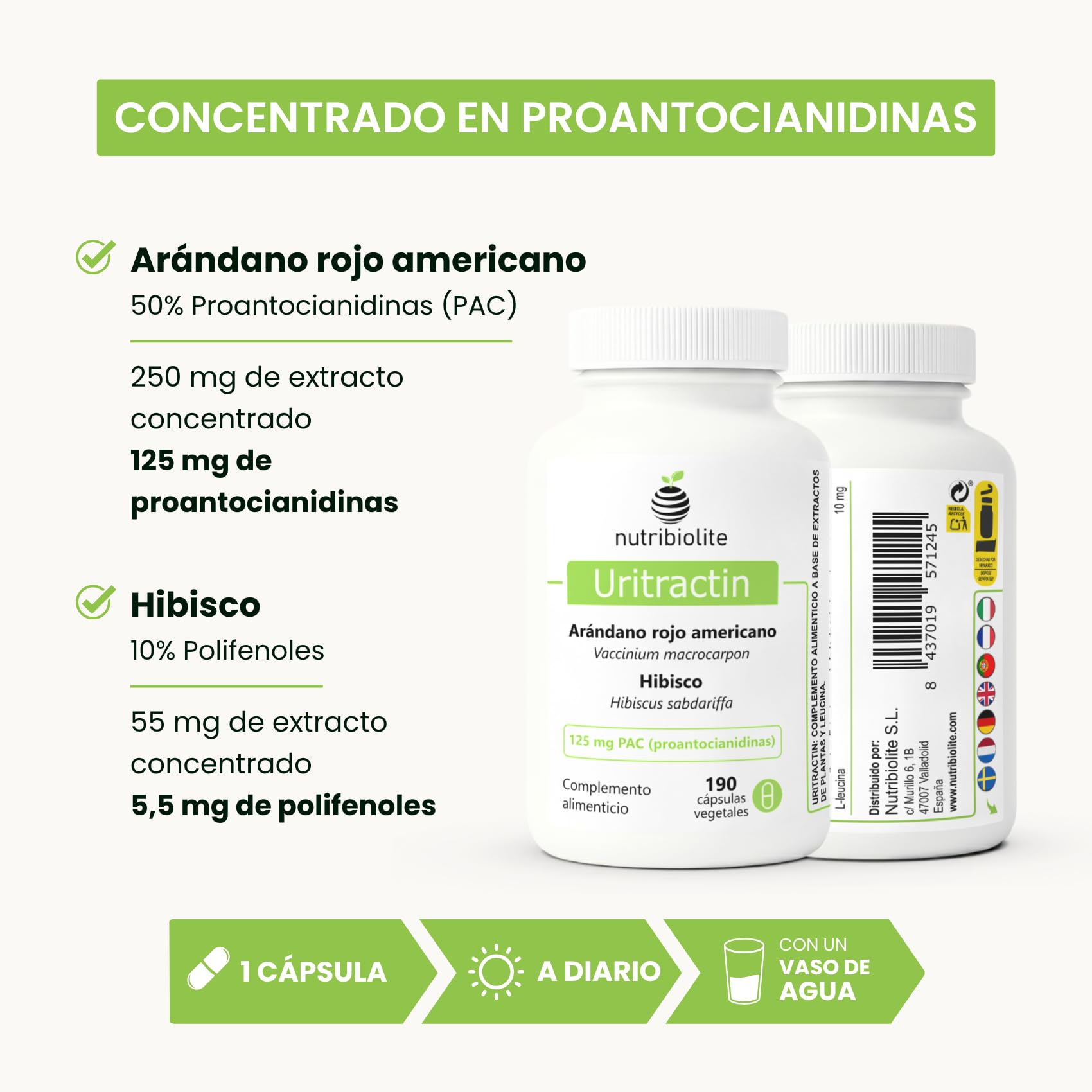 Arándano Rojo Americano Cranberry con Hibisco 125 mg de PAC Proantocianidinas - Tracto Urinario - 190 Cápsulas - Sin Aditivos +6 Meses | Uritractin Nutribiolite