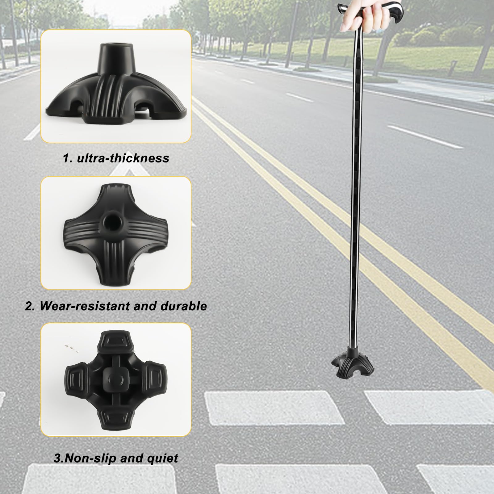 2 Stück Gehstock-Spitzen, 1,9 cm, Quad-Cane Spitzen für Stabilität, 4 Zinken, selbststehende Stockbasis, robuste, rutschfeste Gummi-Spitzen, Ersatz für Gehstöcke, Klappstöcke, Krückenspitzen