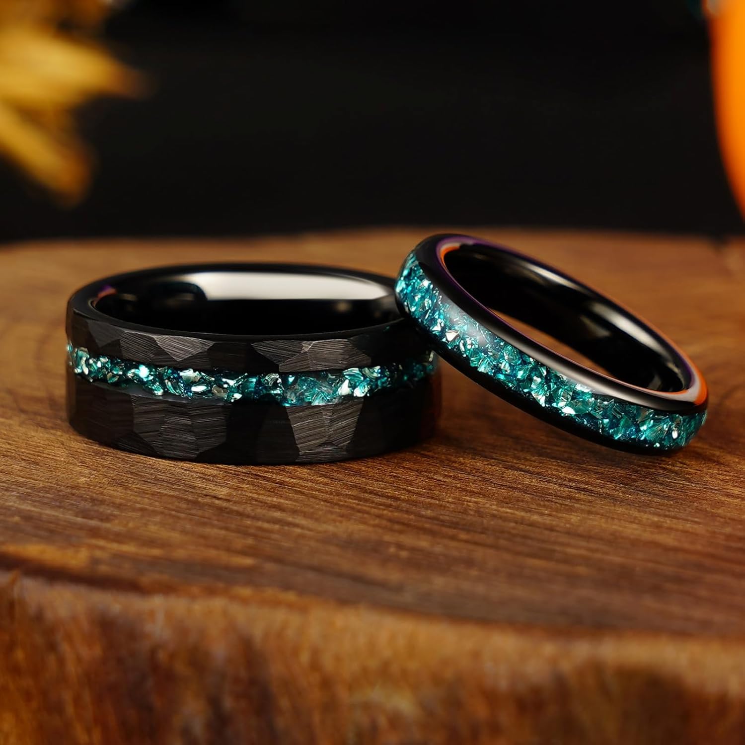 Birthstone Aquamarine Sapphire Emerald March May September Tungsten Carbide Ring, Silvery Black Plated 8/4mm Matching Wedding Band for Woman, Anniversary Birthday Christmas Gift