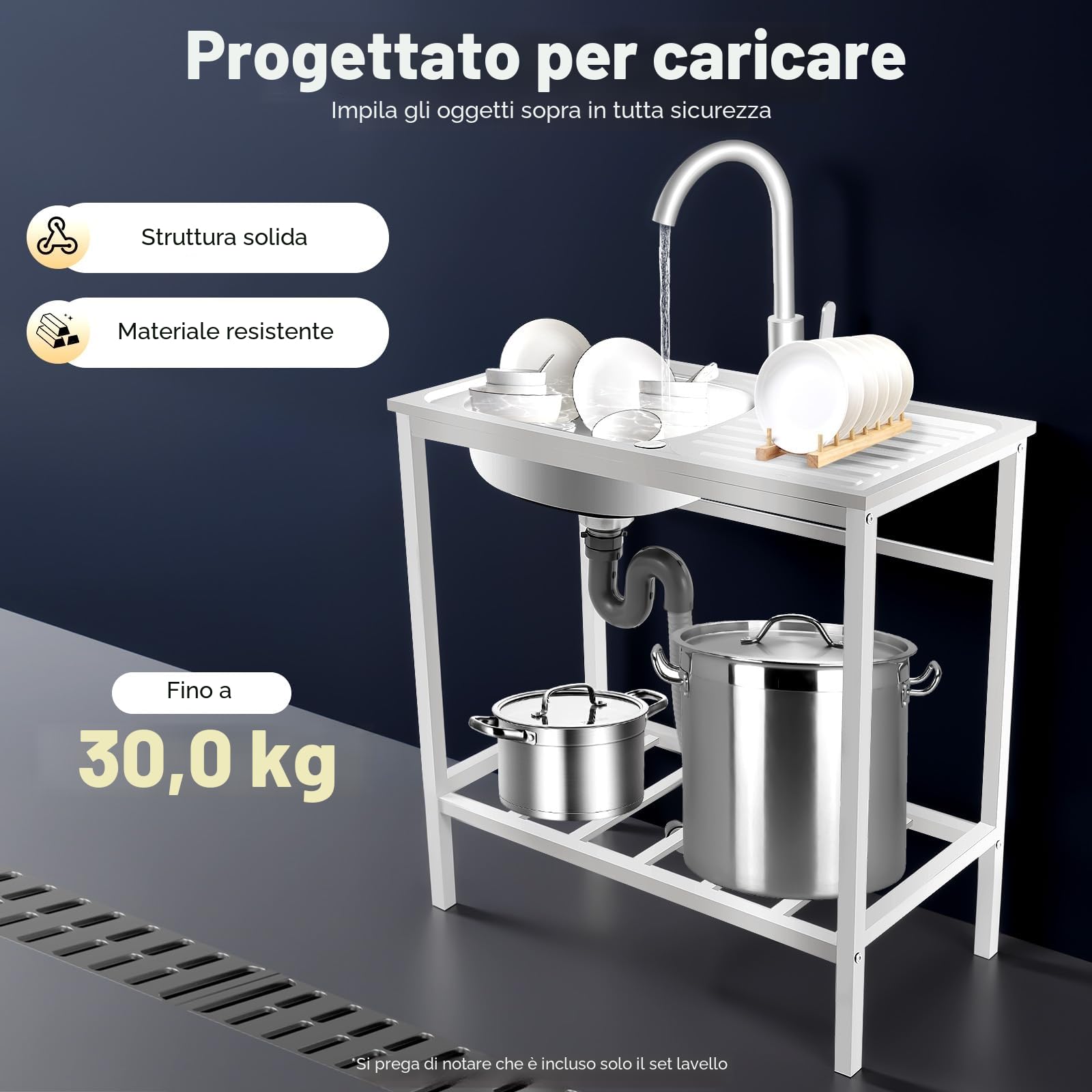 Lavandino da lavoro 75 × 40 × 75 cm, autoportante in acciaio inox con cella di stoccaggio, lavello da cucina singolo con rubinetto a 360° – per lavanderia, bar, garage o ristorante