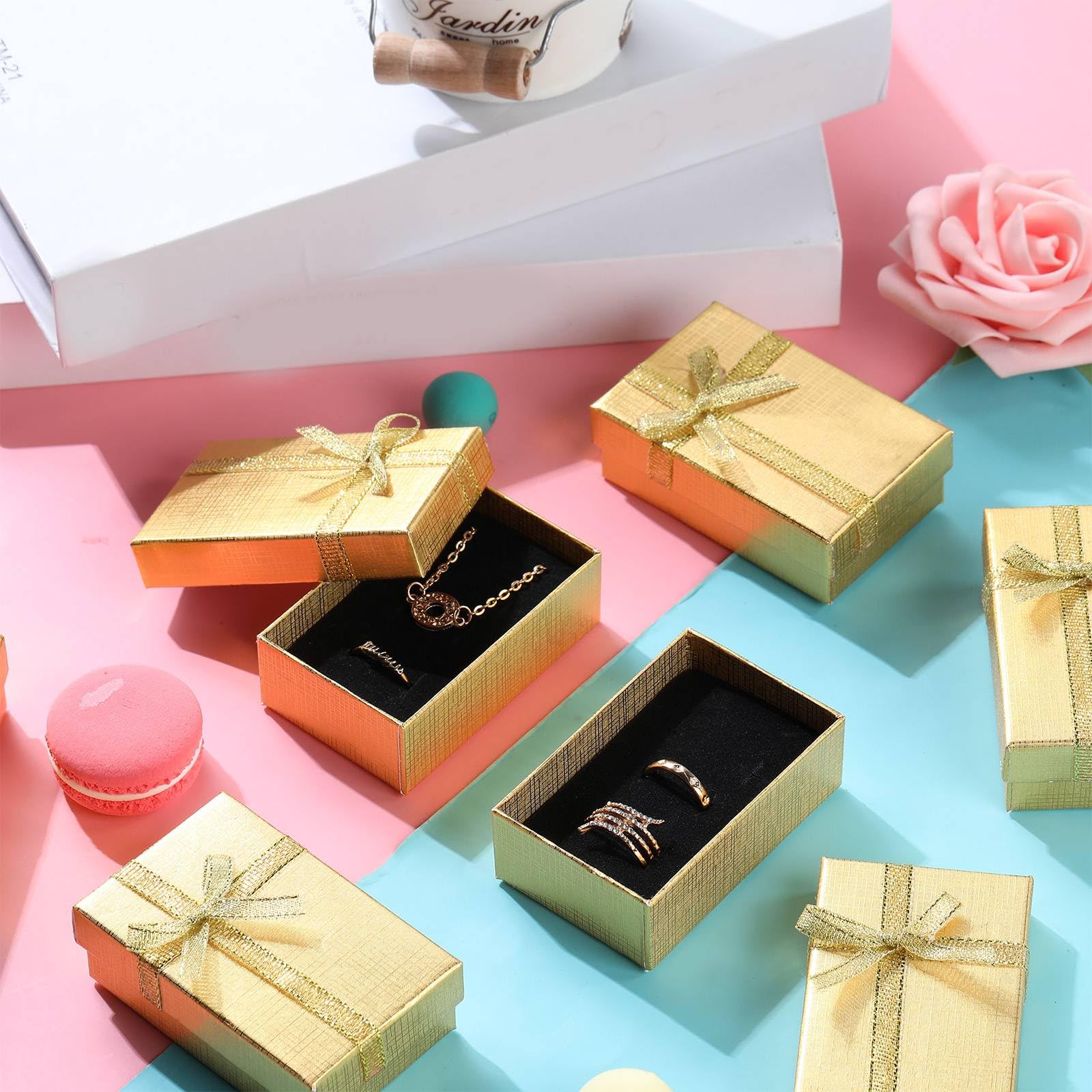 Tioncy 72 scatole regalo vuote per gioielli, scatole di cartone per anelli, scatole di carta per braccialetti e bracciali, scatole con coperchio, nastro e fiocco, per matrimoni, compleanni, collane