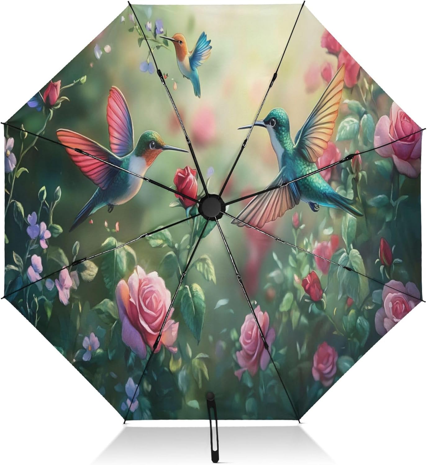 MNSRUU Automatic Folding Umbrella Windproof Strong, UV Protection Compact Hummingbirds Roses Sun Rain Travel Umbrellas for Women Men