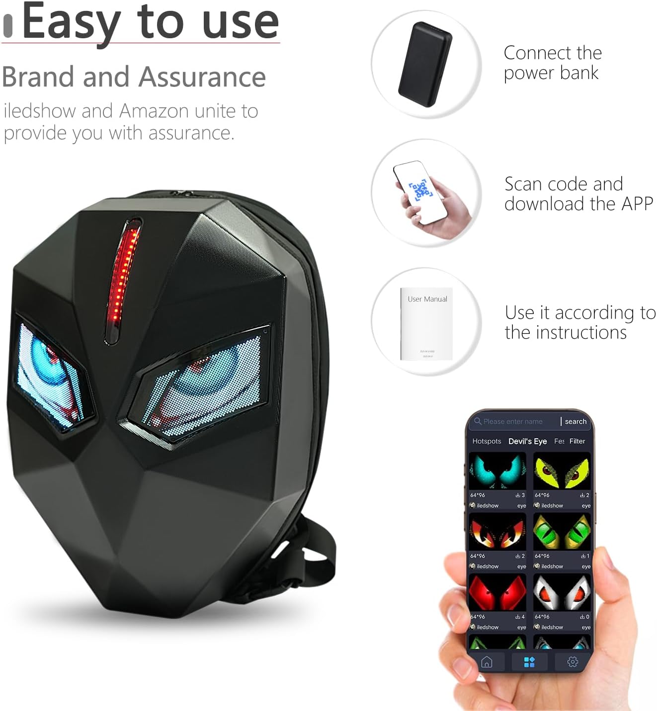 Motorcycle Backpack for Men, LED Backpack With DIY Programmable Full Color Screen, Hard Shell Large Capacity Waterproof Helmet Bag Laptop Backpack
