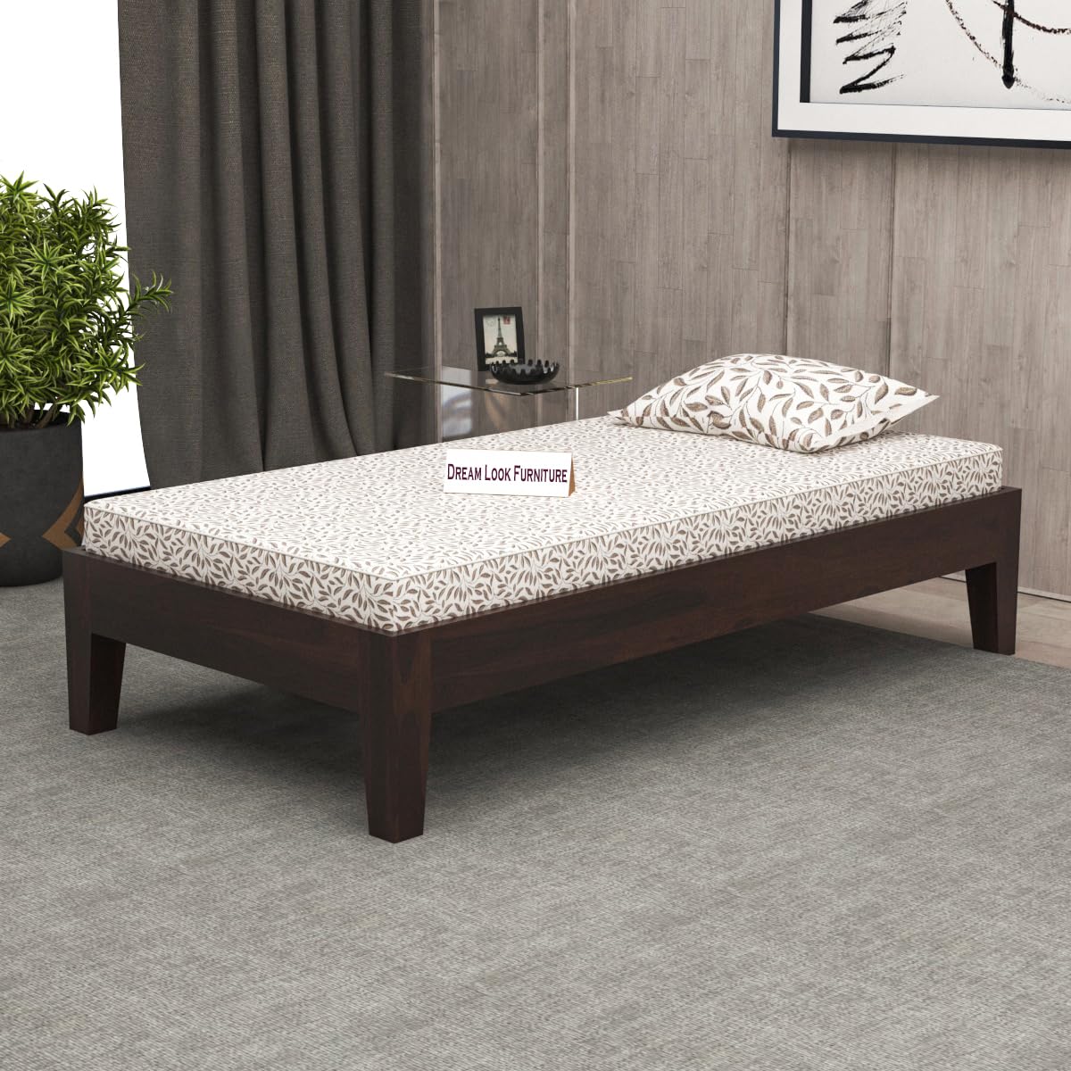 Dream Look Furniture Solid Wood Divan Bed for Living Room, Divan Single Bed for Drawing Room, Single Sheesham Bed Without Storage (Standard, Walnut Finish)-image-42