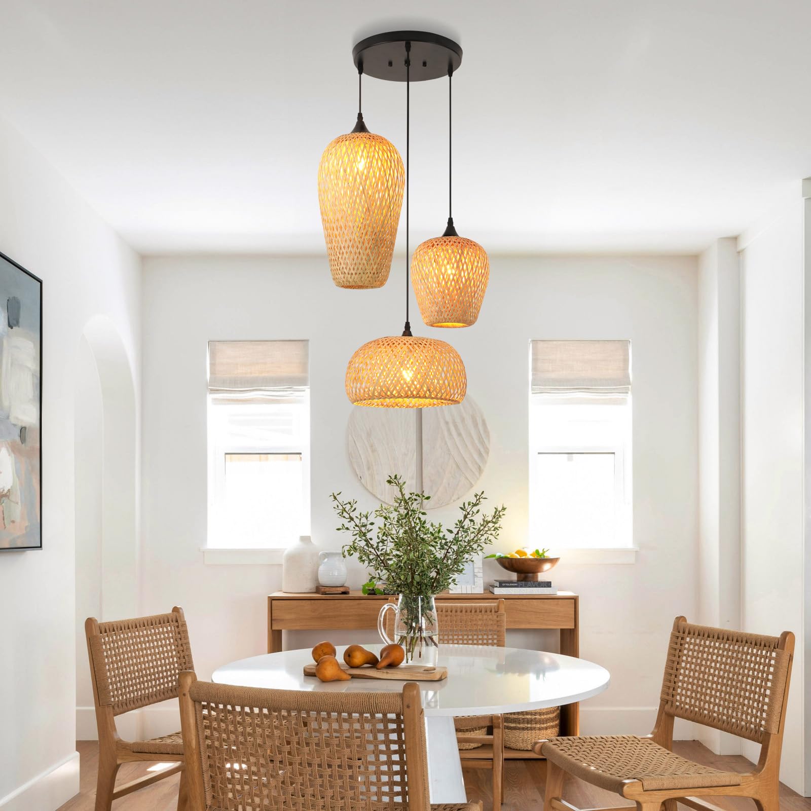 Lampenschirm HäNgelampe Bambus 3-Flammig,Boho Pendelleuchte Esstisch Handgewebt Laterne Vintage Lampe E27 Wohnzimmerlampe For KüChe Schlafzimmer