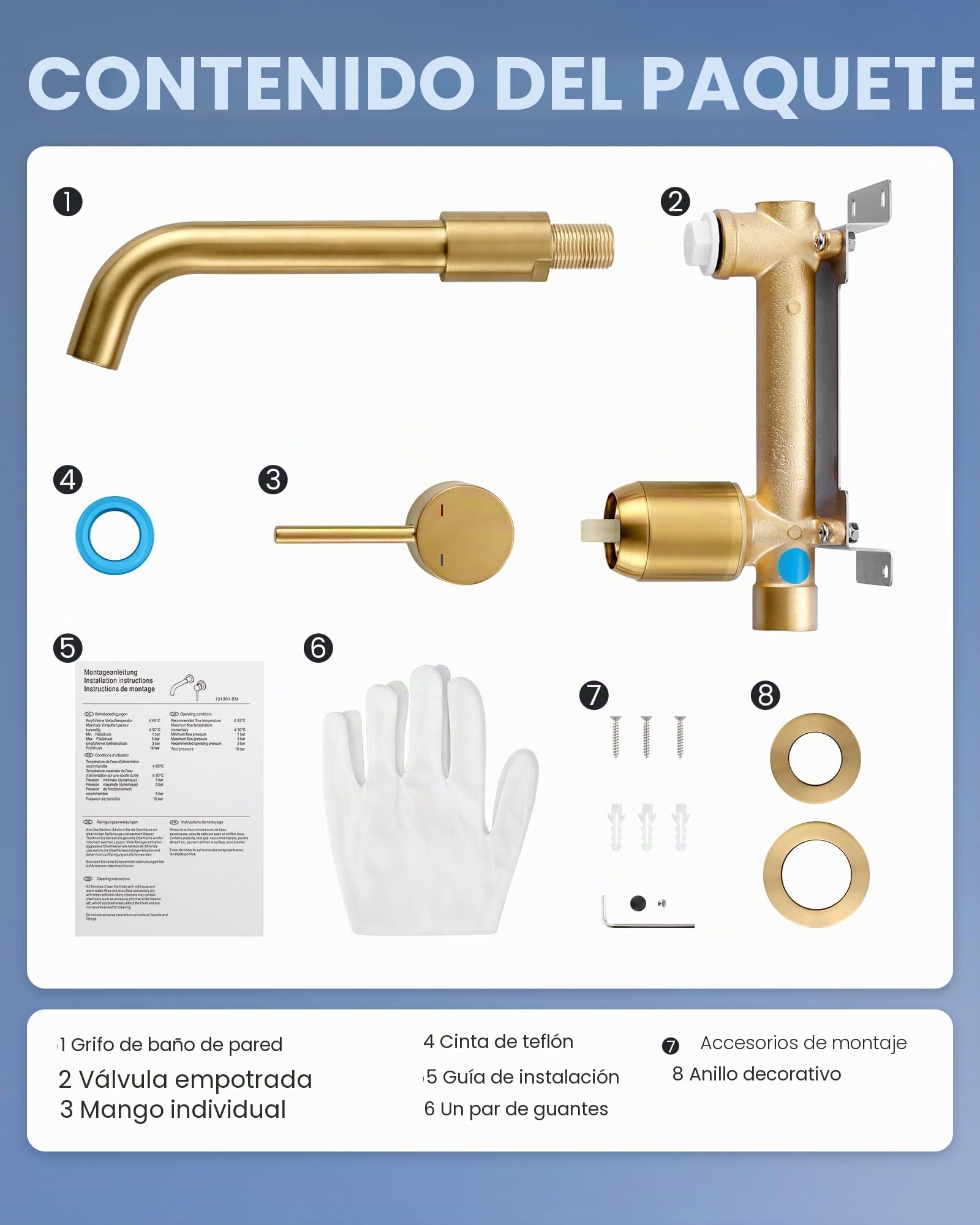 Grifo de lavabo, giratorio 360°, montaje en pared, grifo de baño empotrado, de cobre con cartucho de cerámica, color dorado (dorado)