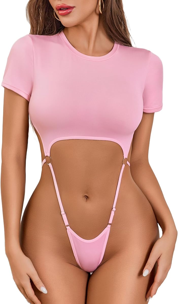 Avidlove Body de lencería sexy recortado de manga corta para mujer