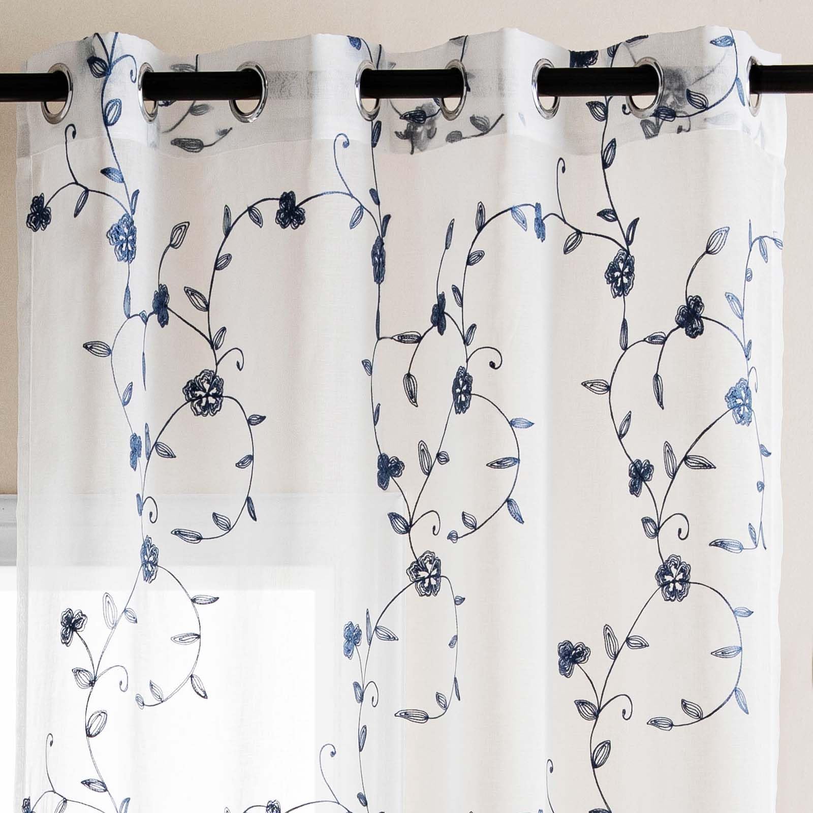 DWCN Embroidery Sheer Curtains Decoration Flora Design Grommet Window Curtain Semi Voile Drapes with Eyelets Window Treatments for Living Room Bedroom 2 Panels 52" W x 96" L Blue