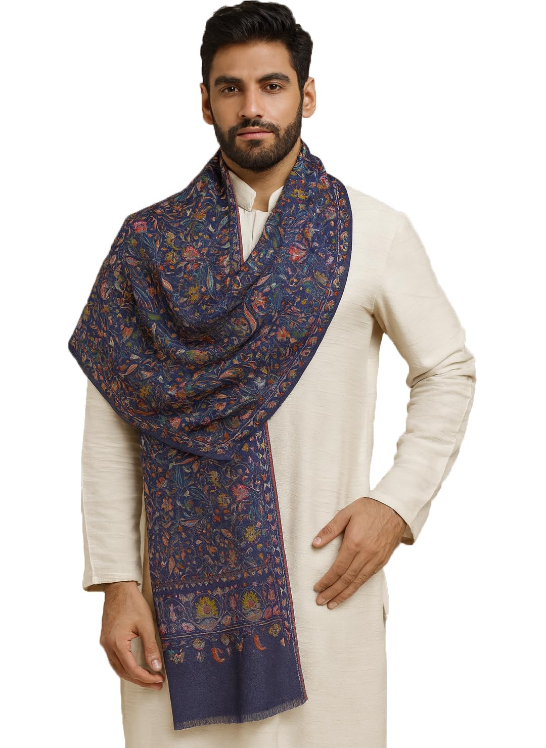muffly Men Silk Blend Wool Stole Floral & Paisley Pattern Kashmiri Sozni Work Boys Printed Stoles Extra Soft Warm - Size 80 inch x 28 inch-picture-55