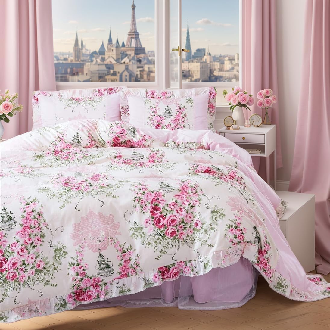 FADFAY Home Textile Pink Rose Floral Print Duvet Cover Bedding Set for Girls 4 Pieces Cal King Size