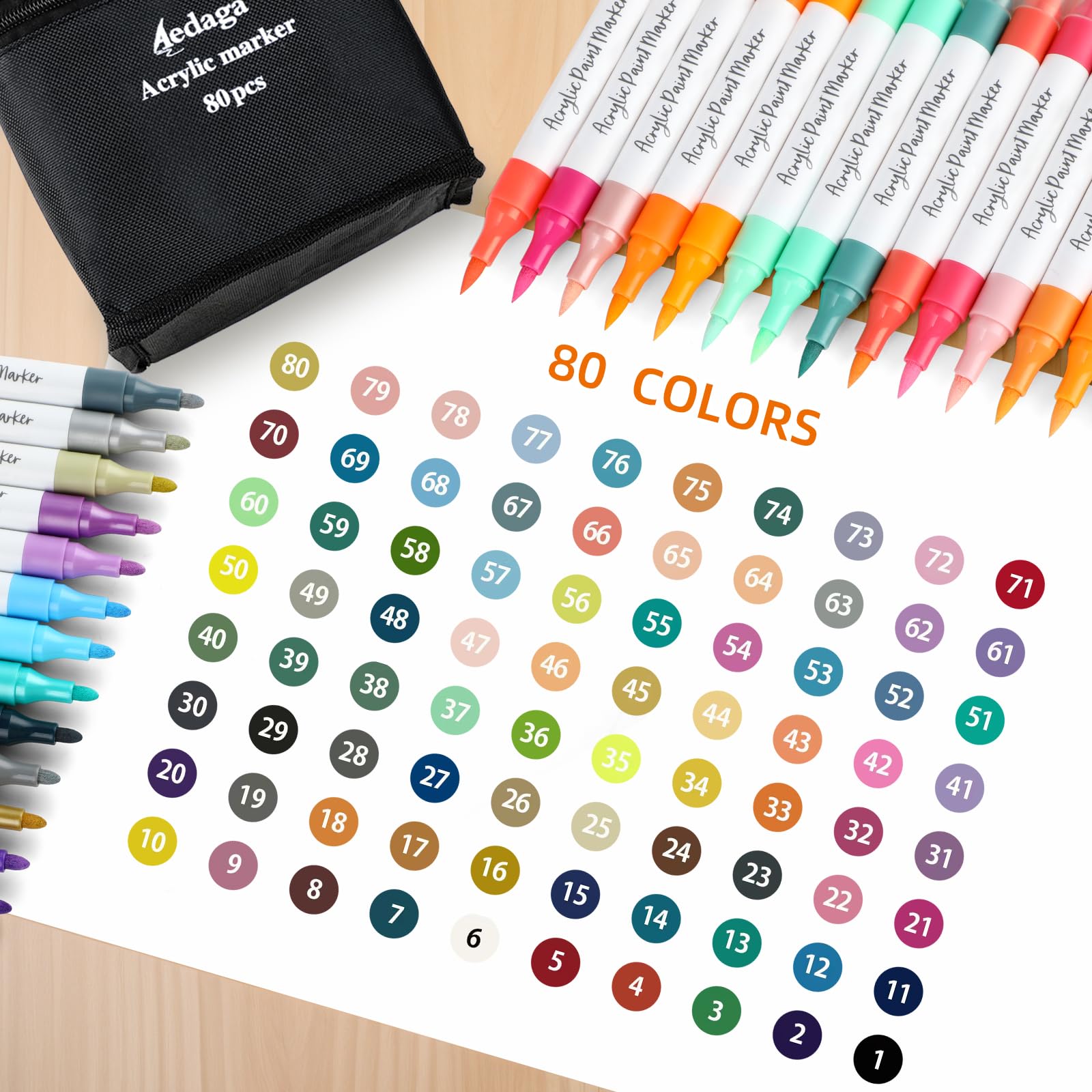 AEDAGA Lot de 80 marqueurs de peinture acrylique numérotés avec application gratuite, marqueurs de peinture acrylique à double pointe avec pointe pinceau et pointe fine pour adultes, œufs, bois, roche