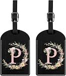2 Pack Initial Letter Luggage Tag Monogram Luggage Tag PU Leather Suitcase Tags Funny Aesthetic Cute Flower Floral Monogrammed Travel Bag Labels for Women Girls-A
