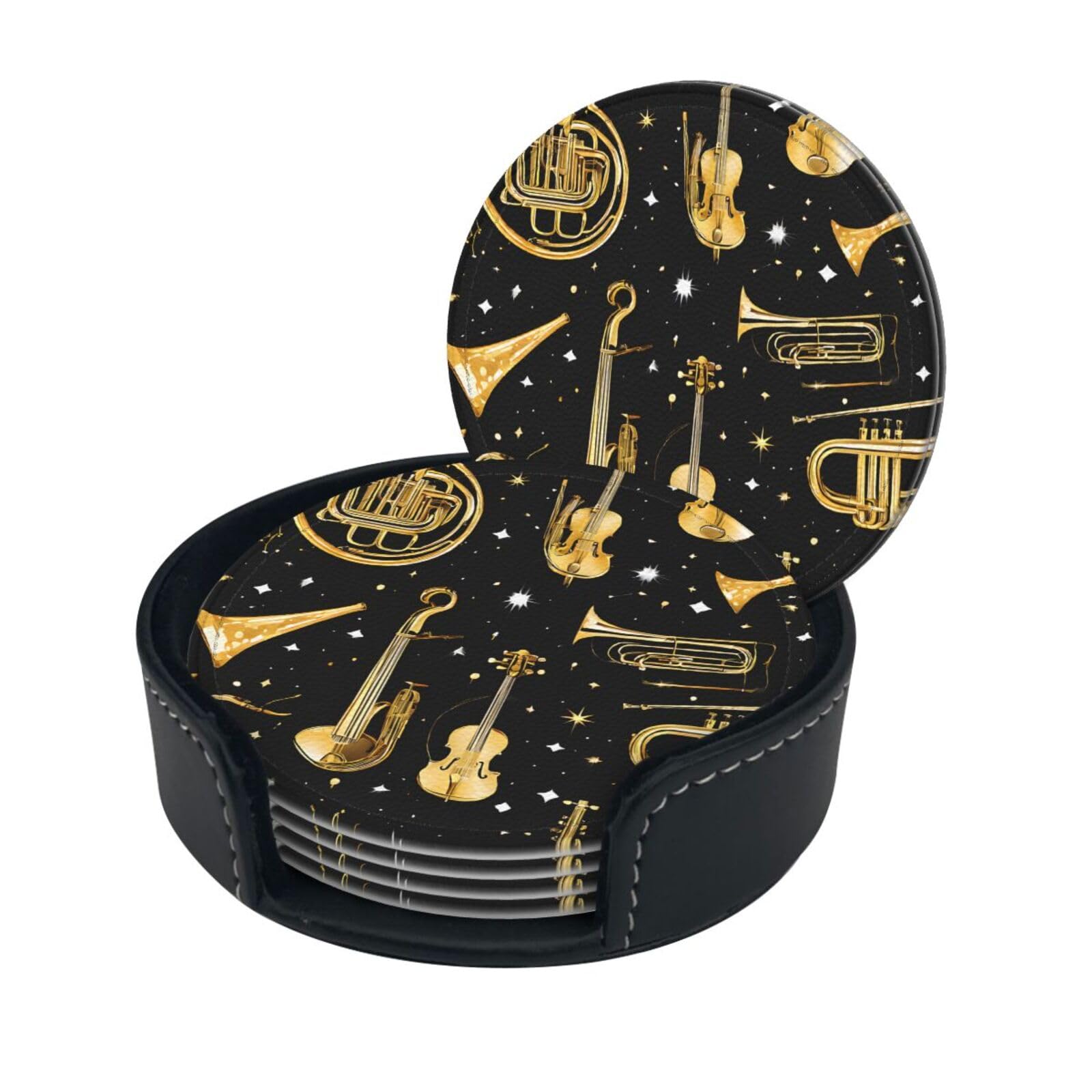 Musical Instruments Print Coaster,Round Leather Coasters with Storage Box for Wine Mugs,Cold Drinks and Cups Tabletop Protection (6 Piece)