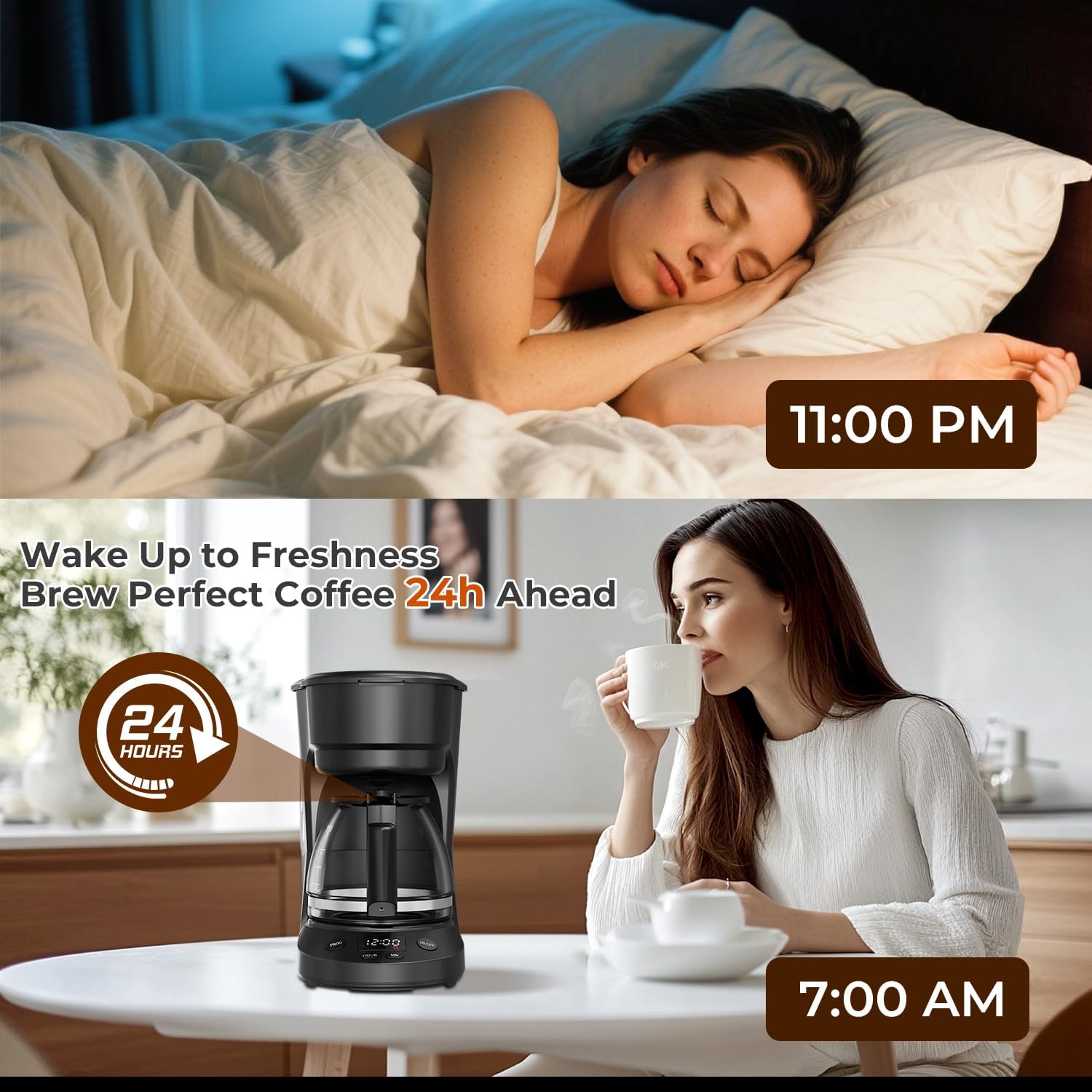 Image illustrating the 24-hour programmable timer feature of the Havato coffee maker, showing a person sleeping at 11:00 PM and waking up to fresh coffee at 7:00 AM.