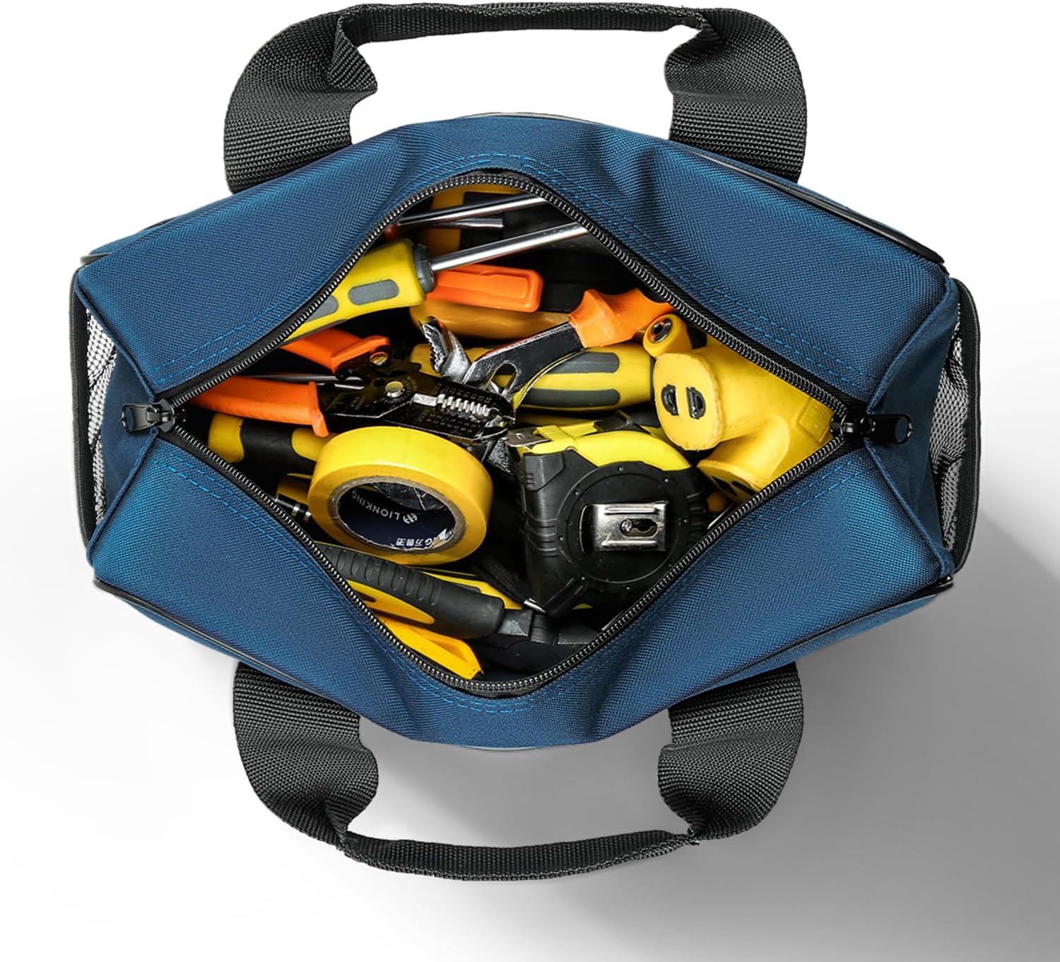 Tool Bag, Heavy Duty Storage Organizer with Multiple Pockets, 14 Inch Small Tool Tote Bag, Wide Mouth For Man/Woman, Blue and Black