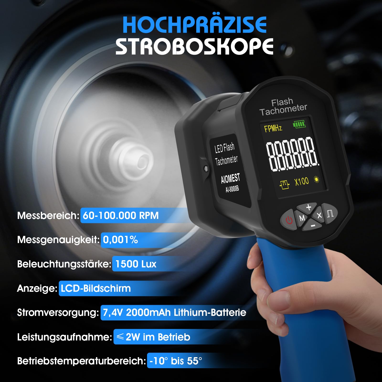 Strobotac LED Stroboscopio100.000 RPM/Hz, AIOMEST Stroboscope Digitale Tachimetro Alta Precisione 0,001% con Luce Stroboscopica Regolabile | Per Motori, Ventilatori Motore