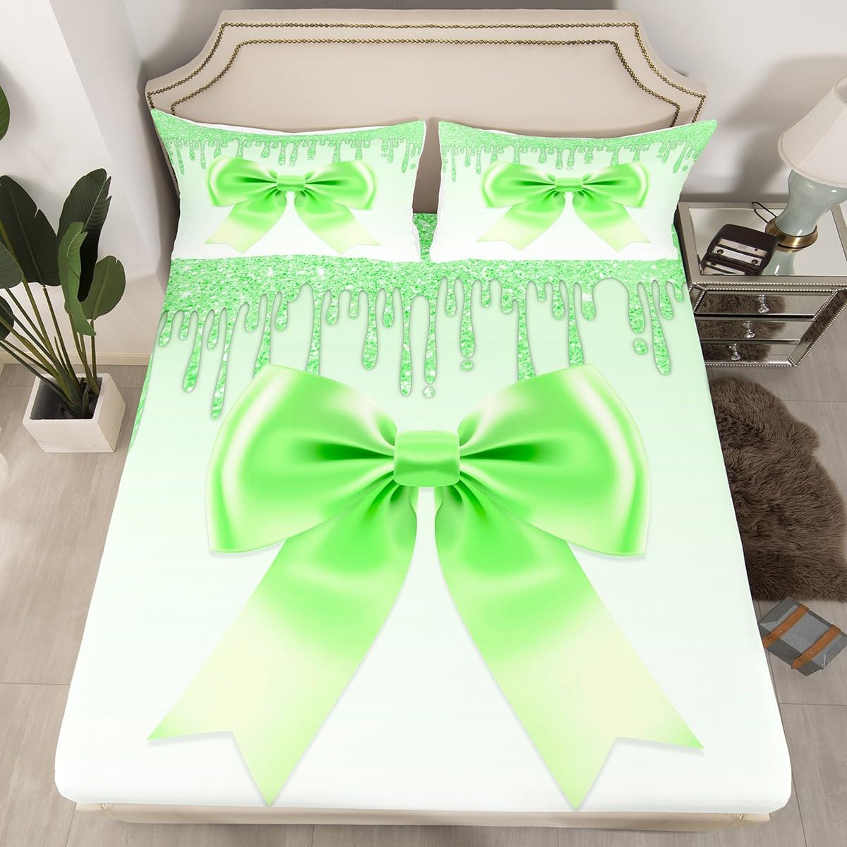 Cute Ribbon Bowknot Fitted Sheet Simple Green Ink Fluid Art Full Size Bed Sheets, Watercolor Bow Knot Sheets Princess Bow Tie Bed Set, Kawaii Room Decor